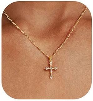 Cross Necklace for Women,Double Cross Necklace 14K Gold Plated Cross Pendant Necklace Dainty Gold Cross Necklaces for Women Trendy Small Cross Charm Necklace Simple Cute Choker Necklaces Gold Jewery