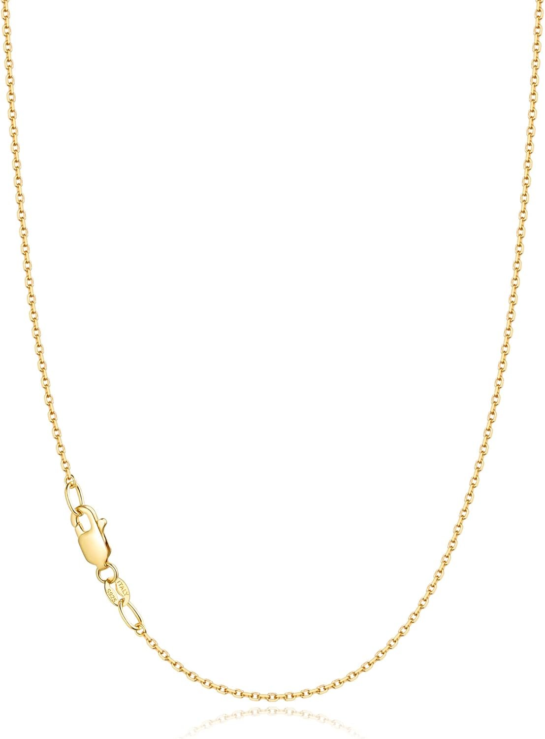 Jewlpire 18k Gold Plated 925 Sterling Silver Chain Necklace for Women, 1.1mm Cable Chains Necklace Thin & Dainty & Sturdy Women’s Chain Necklaces, 14/16/17/18/20/22/24 Inches