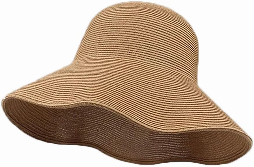 Women Wide Brim Straw Sun Hat, Packable Foldable Beach Hat with Windproof Chin Strap, Adjustable