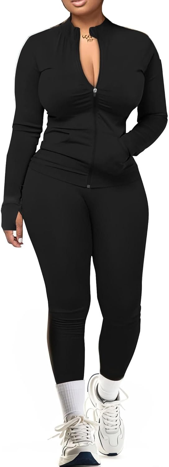 UOUA Two Piece Outfits Women Tracksuit Sets Long Sleeve Zip Up Jacket & Leggings for Gym Workout Set