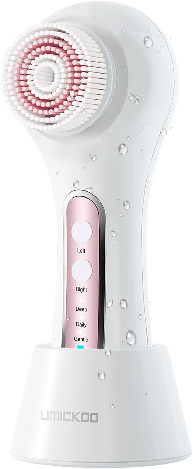 UMICKOO Face Scrubber Exfoliator, Rechargeable Facial Cleansing Brush with 2-Way Rotation & 3 Modes, 30-Day Runtime, 5 Brush Heads for SPA-Level Care, IPX7 Waterproof, Deep Cleaning for All Skin Types