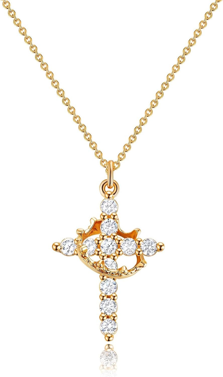 Upgraded Crown Cross Necklace for Women, 14K Gold Plated Crown Cross Pendant Necklace, Non-Tarnish Faith Jewelry for Women, Christian Religious Gifts for Her