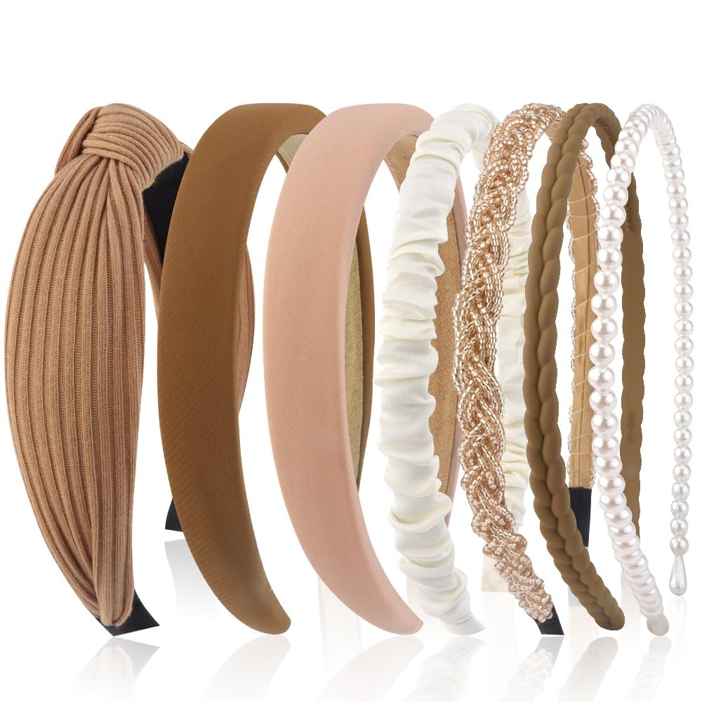 AHONEY 7 Pack Headbands for Women Girls Headbands Trendy Non Slip Hairbands Fashion Hair Accessories Multi-style Headband Pack Diademas Para Mujer (Neutral)