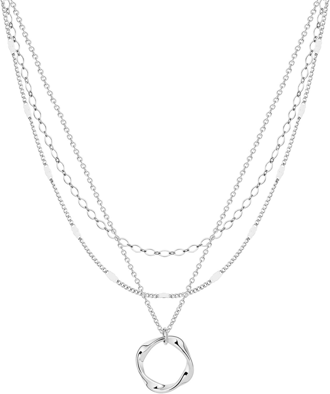 Layered Silver Necklaces for Women, Sterling Silver Stackable Stack Choker Necklaces for Women Trendy Layering Circle Pendant Chain Necklace Set Jewelry for Women