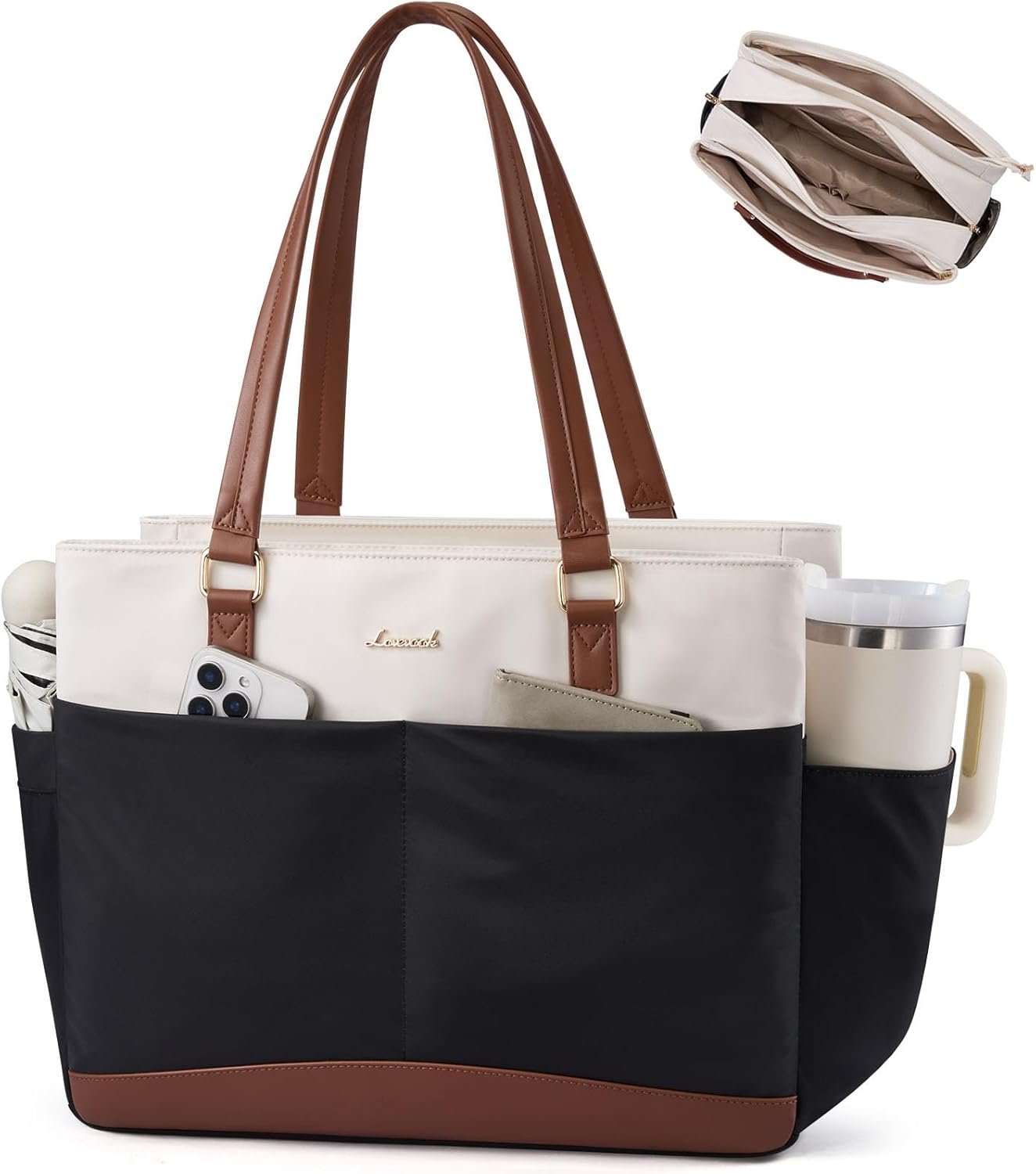 LOVEVOOK Laptop Tote Bag for Women with 3 Separate Pocket Work Bag with Large Cup Holder Computer Briefcase for Teacher Nurse