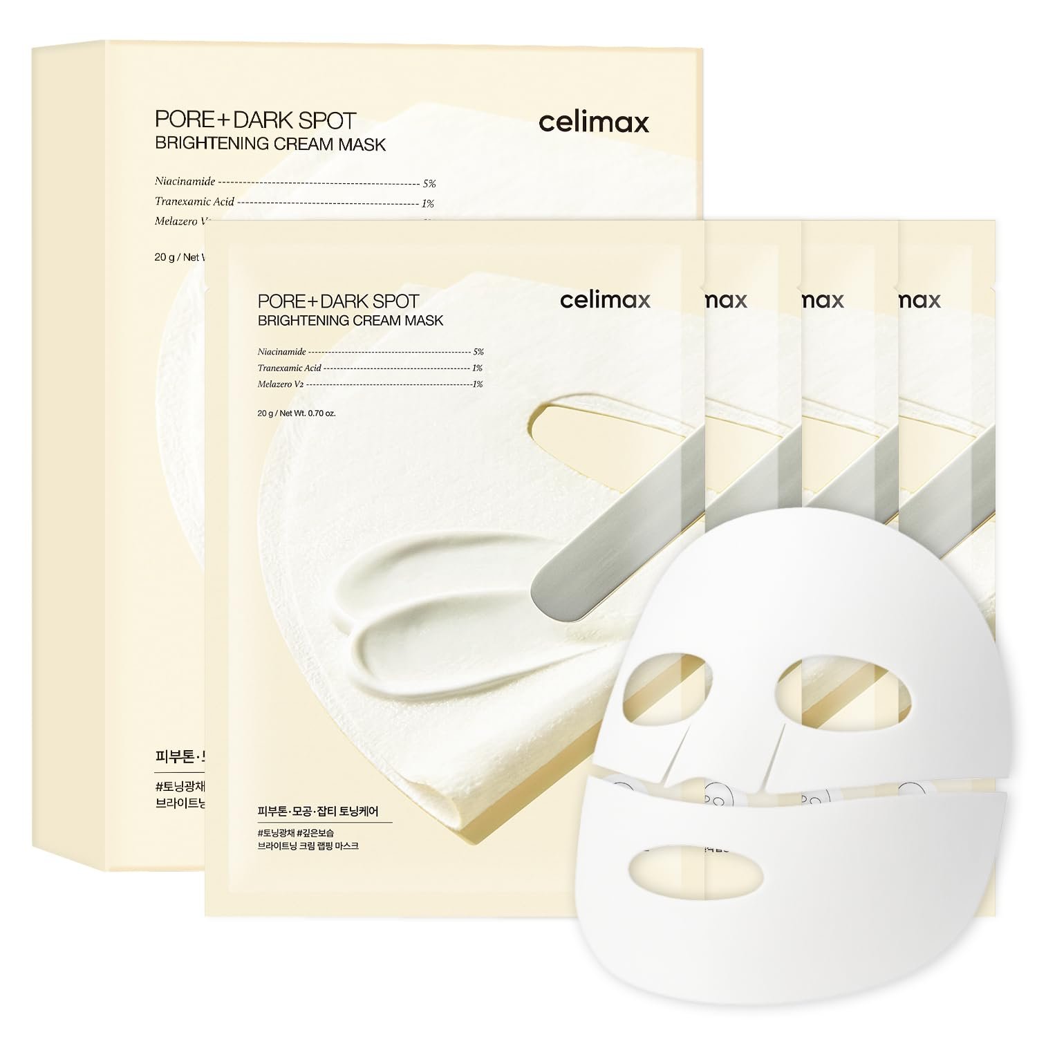 celimax Pore+Dark Spot Brightening Cream Mask 4EA | Non-Sticky Sheet for Enlarged Pores with Niacinamide, Tranexamic Acid, Non-Irritating, Hydrating, Hyperpigmentation, Korean Facial Mask