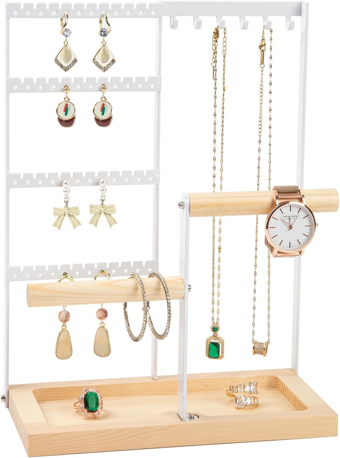 Jewelry Organizer Stand, Jewelry Holder, Lengnoy 4 Tier Earring Holder with 48 Holes and 6 Hooks Necklace Organizer Wood Box for Necklace Bracelet Earring Ring, White