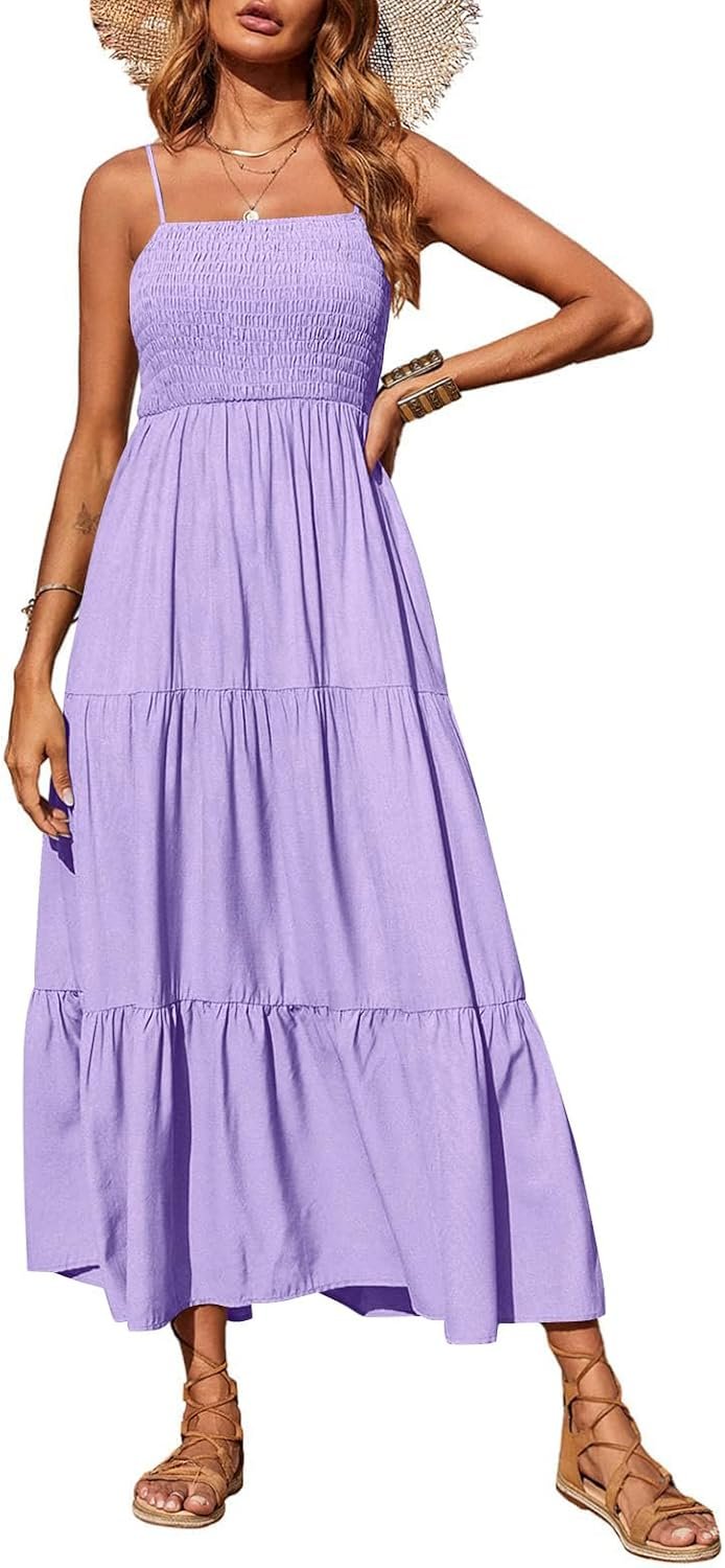 PRETTYGARDEN Women’s Summer Maxi Dress 2026 Casual Boho Sleeveless Spaghetti Strap Smocked Tiered Long Beach Sundresses