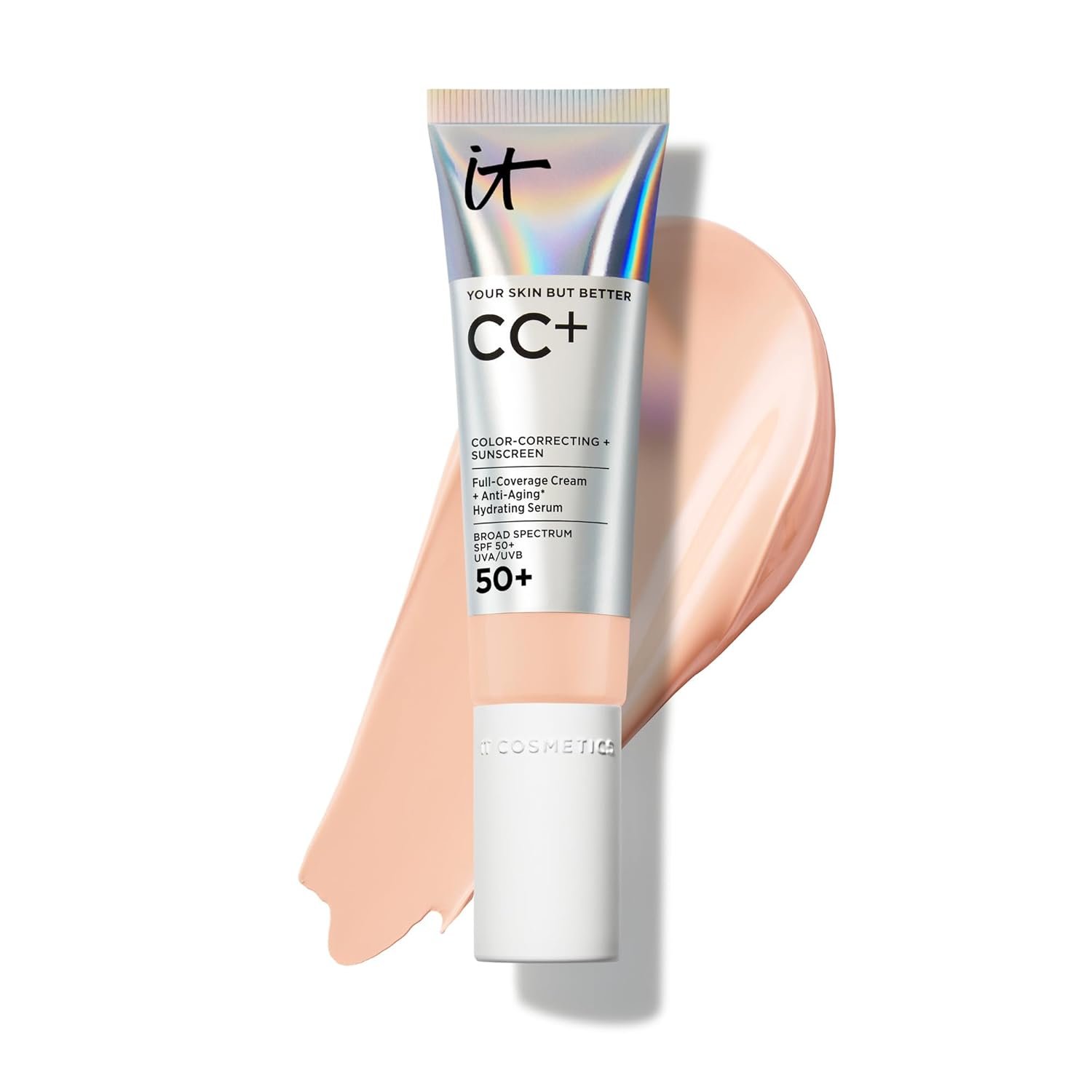 IT Cosmetics CC+ Cream – Natural Full Coverage Foundation With SPF 50+, Color Corrector & Anti-Aging Hydrating Serum, Hyaluronic Acid + Peptides, Lightweight Up To 24H Wear, All Skin Types