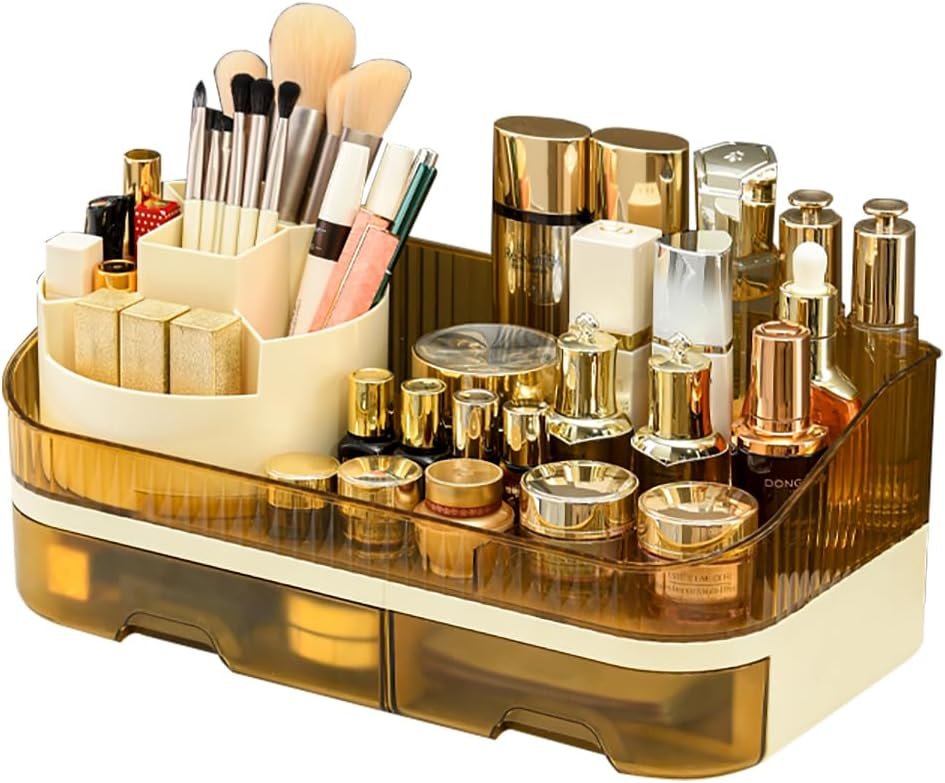 Makeup Organizer with Dual Drawers – Large Capacity Countertop Cosmetic Storage for Skincare Vanity Bathroom