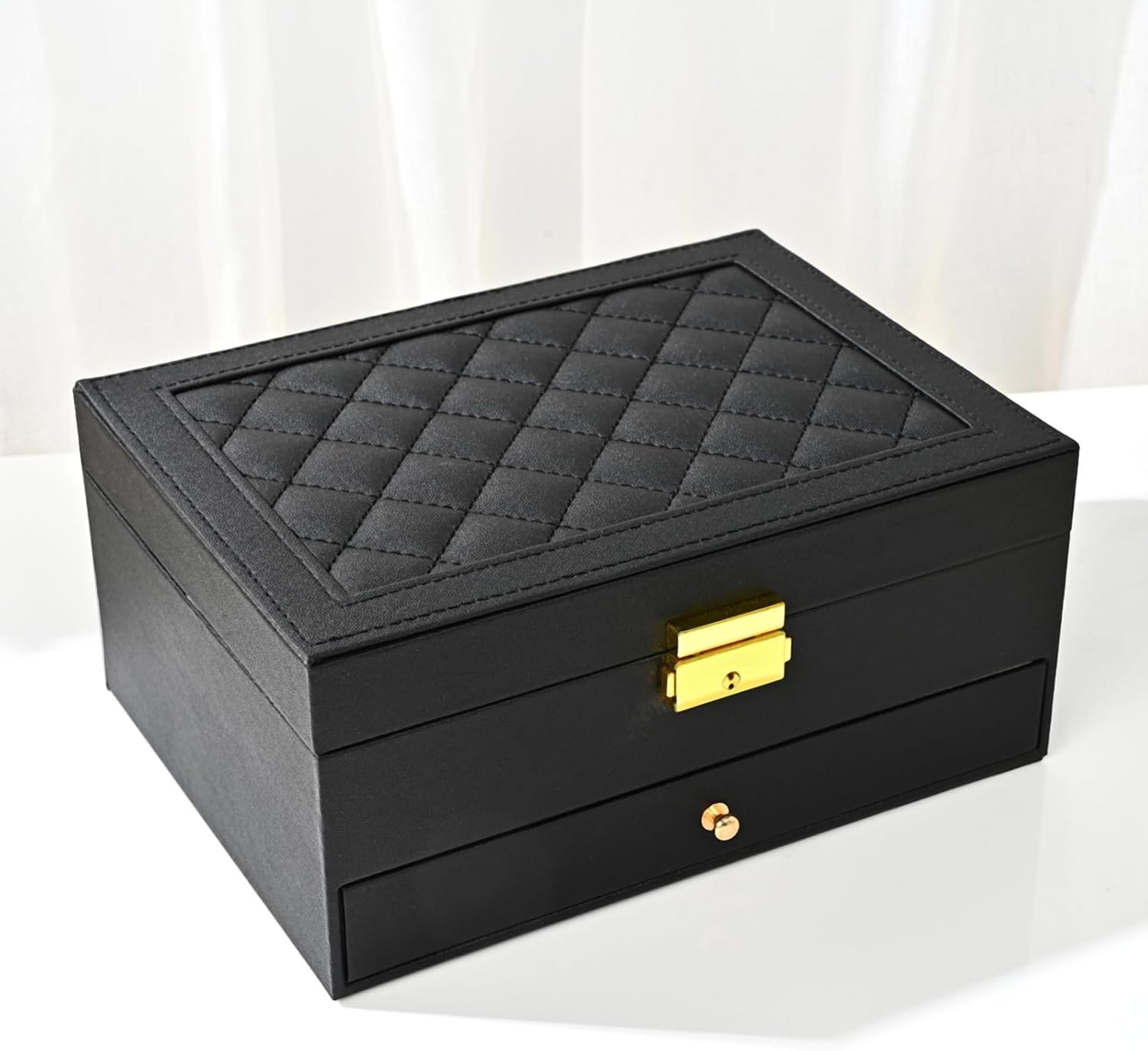 GUOER Jewelry Box for Women Girl Wife – Large PU Leather Jewelry Organizer Storage Case with Two Layers Display for Earrings Bracelets Rings Watches (Black)