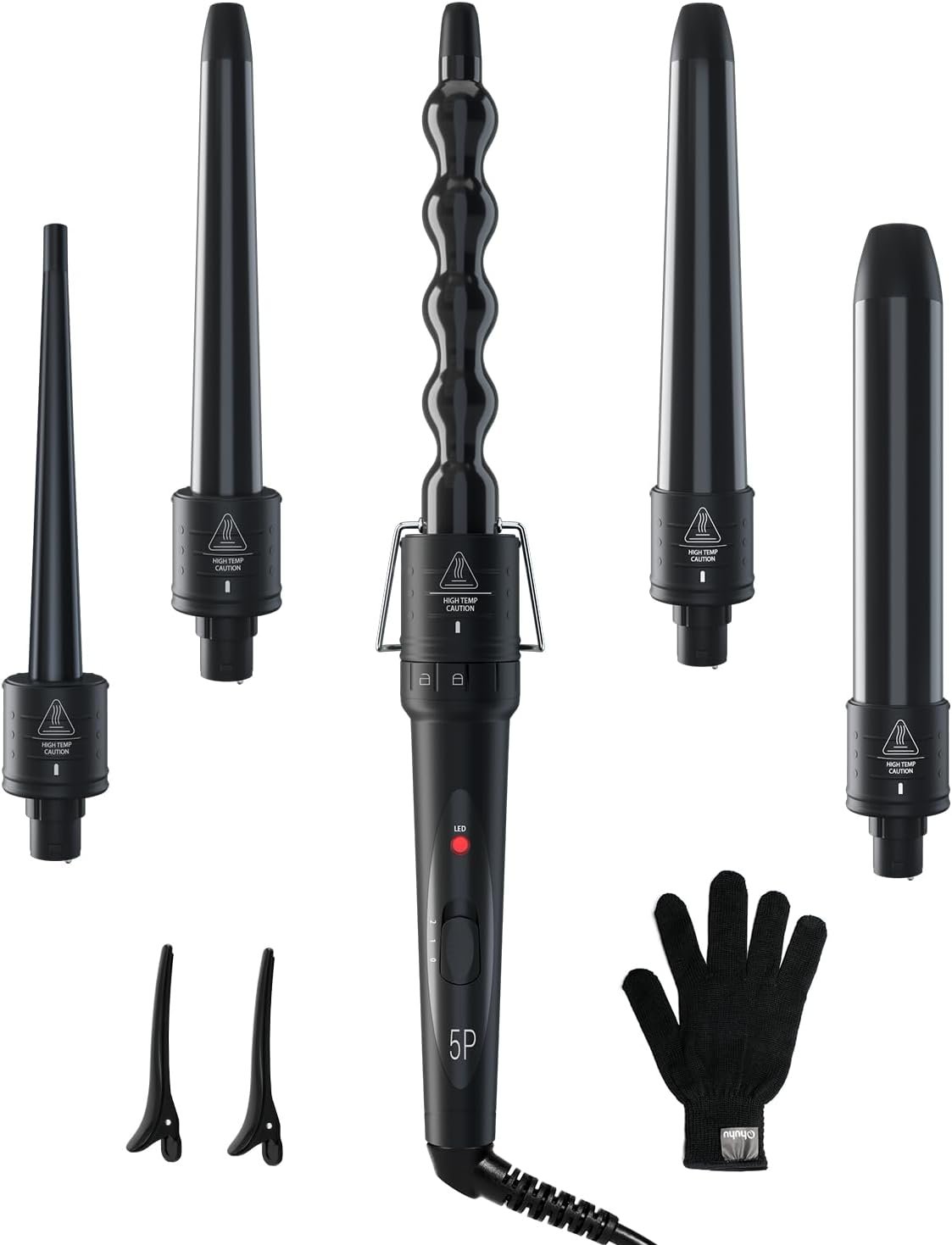 5 in 1 Curling Wand Set: Ohuhu Curling Iron Wand 5Pcs 0.35 to 1.25 Inch Interchangeable Ceramic Barrel Heat Protective Glove 2 Clips Dual Voltage Hair Curler for Girl Women Mother Christmas Gift Black