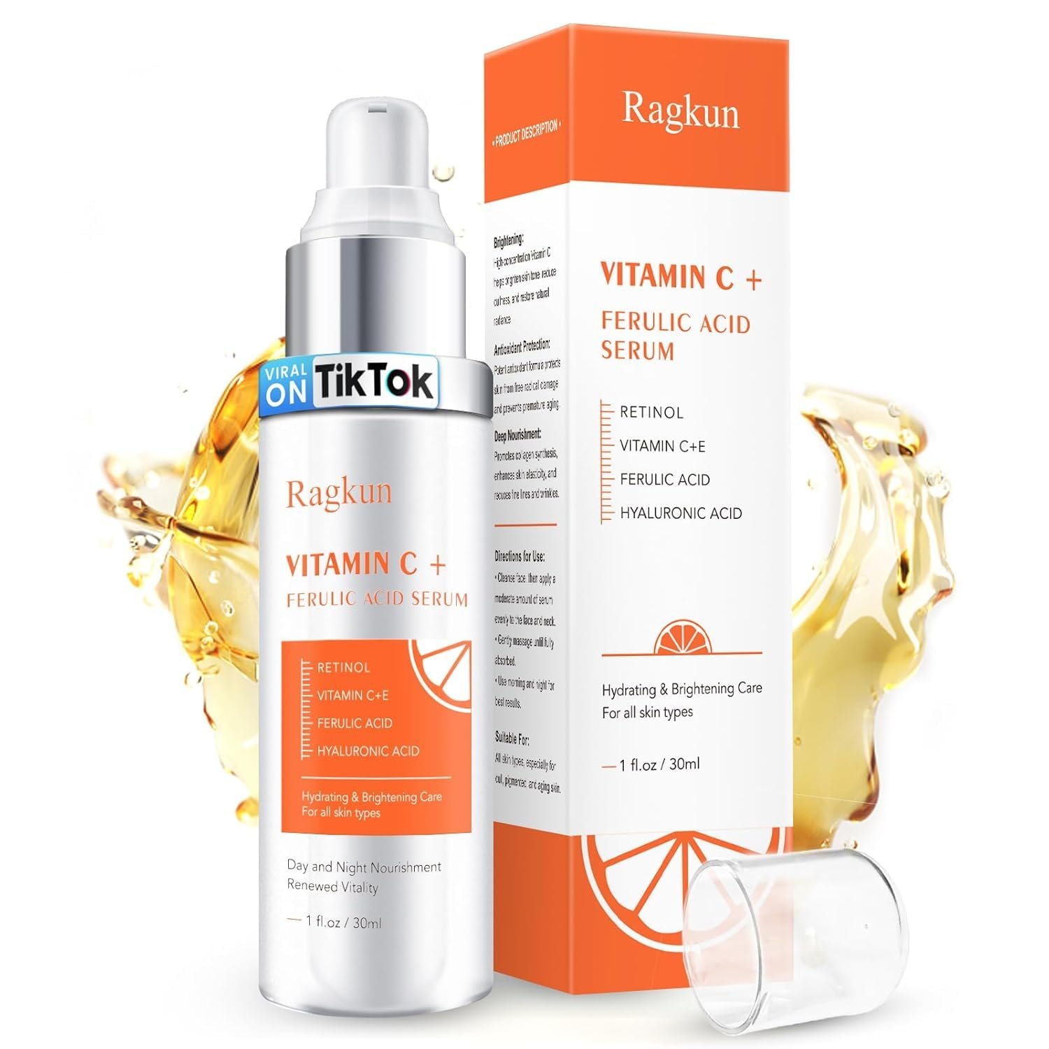 Ragkun 20% Vitamin C Serum, Retinol Serum for Face, Dark Spot Remover for Face, CE Ferulic Acid, Hyaluronic Acid, Hydrate & Plump Skin Care Anti Aging Wrinkle Brightening Skincare -1 Fl Oz.