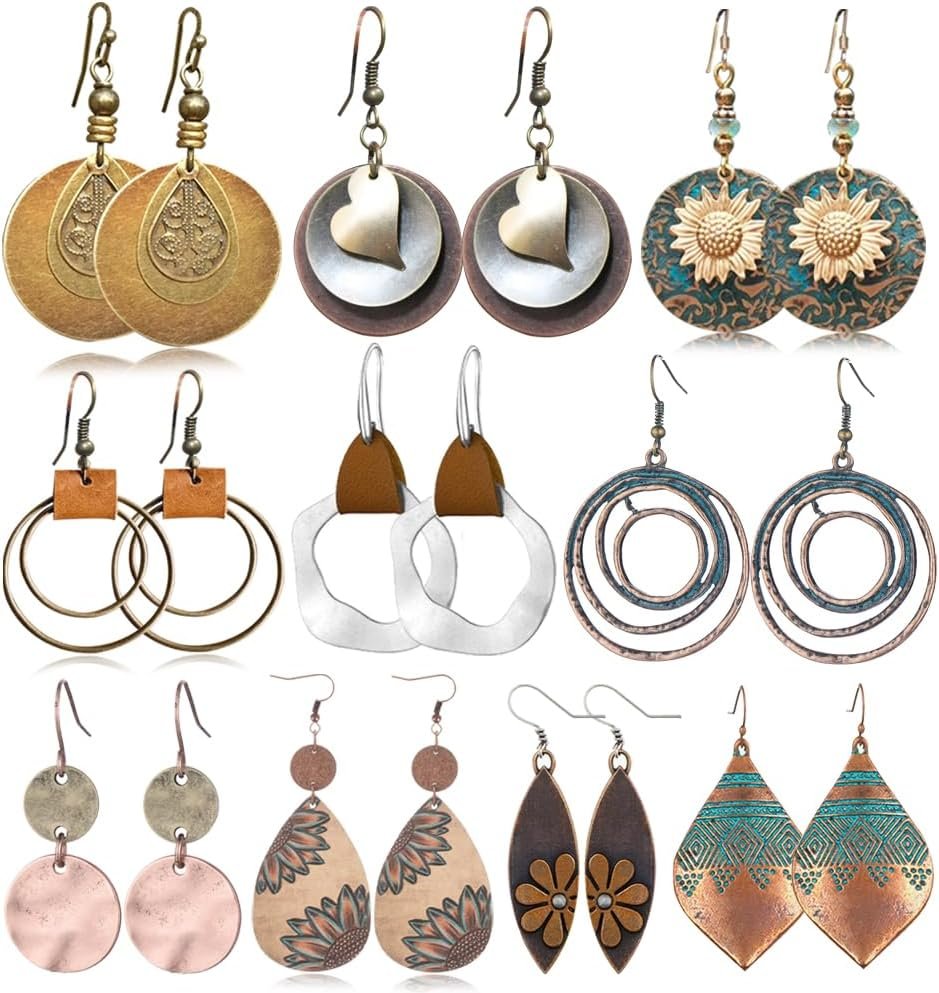 10 Pairs Vintage Dangle Earrings for Women Boho Jewelry Set Sunflower Geometric Teardrop Earring Christmas Gifts