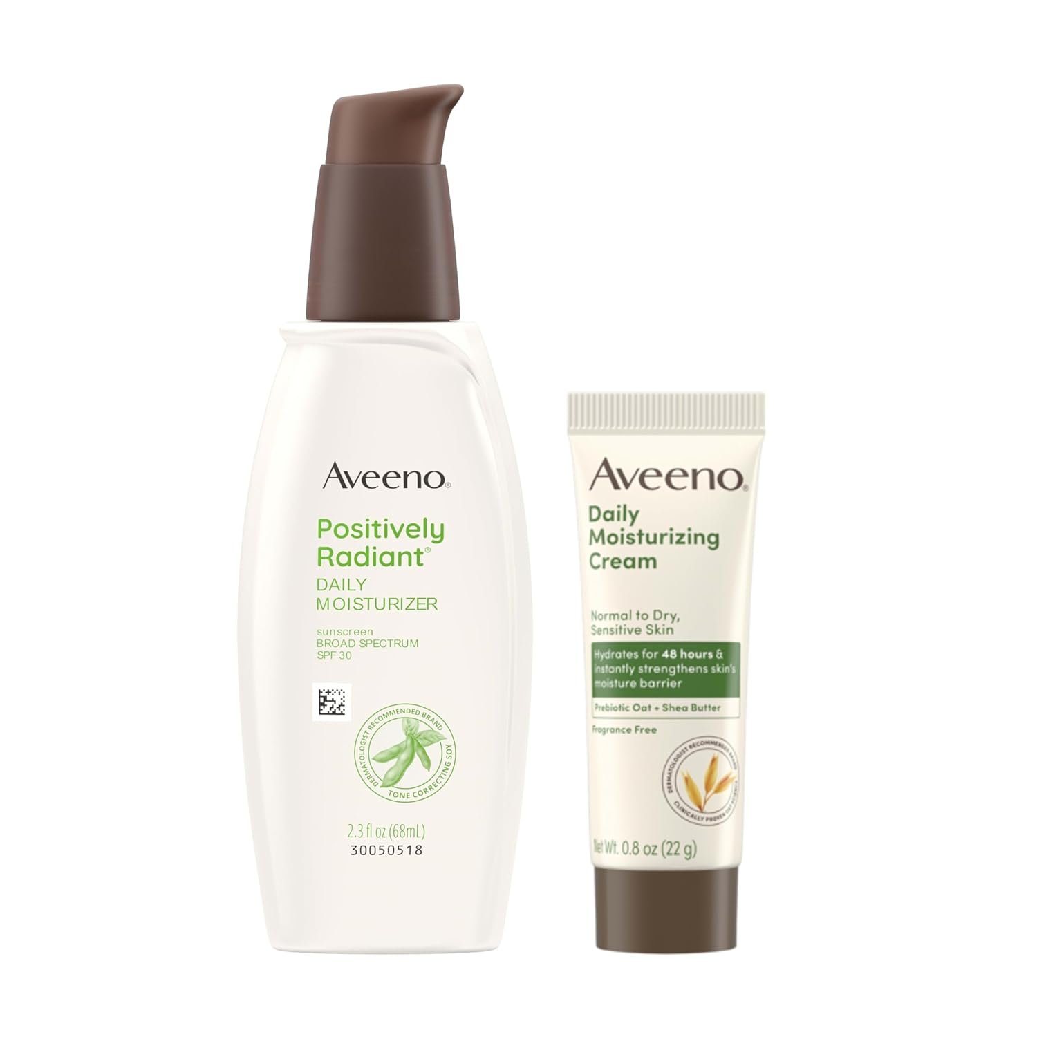 Aveeno Skincare Bundle, Positively Radiant Daily SPF 30 Facial Sunscreen Moisturizer + Soy, 2.3 fl. oz, & Travel Size Daily Moisturizing Cream for Body, Face, & Hands, 0.8 oz, Two Pack, 2 Items