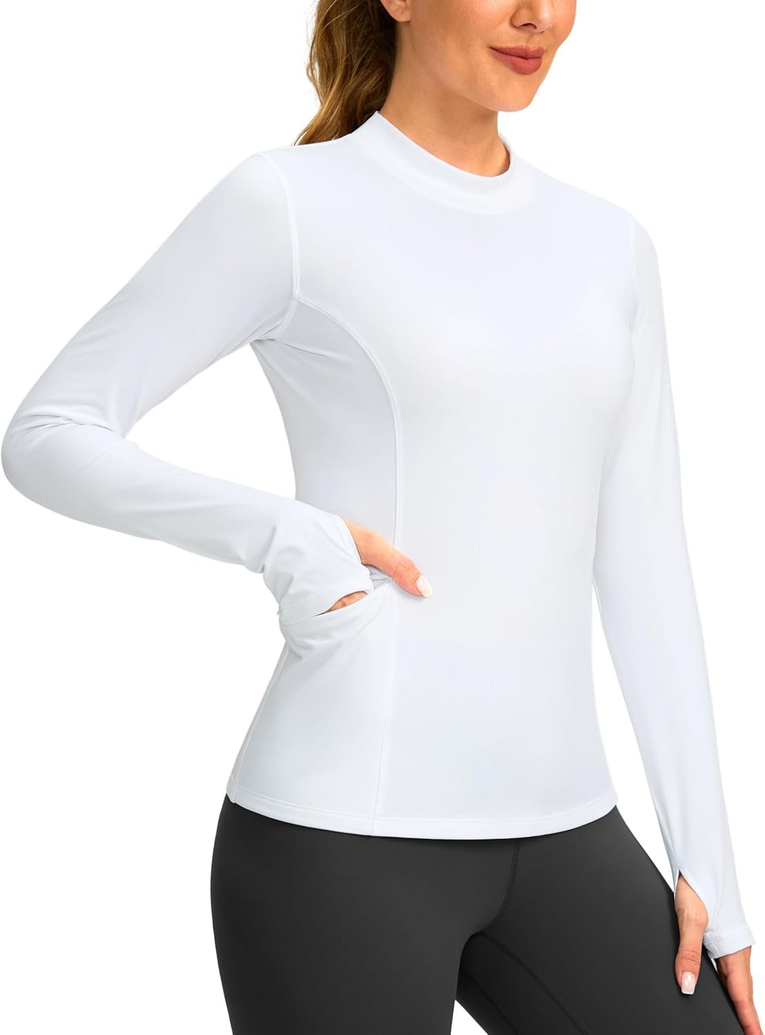 SANTINY Long Sleeve Thermal Shirts for Women Fleece Mock Neck Tops Winter Workout Running Gear with Zipper Pockets