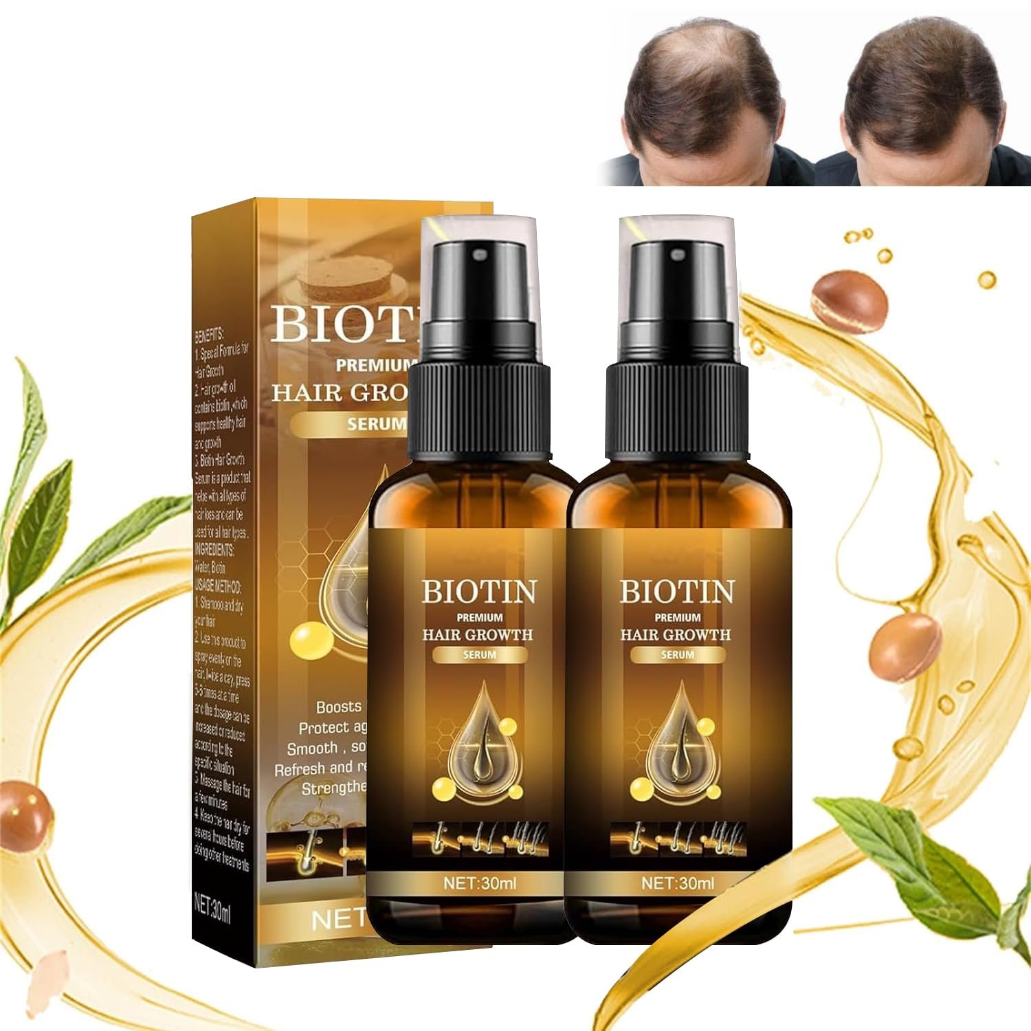 Dragon Honor 2PCS Biotin Hair Growth Serum Spray, Thickening Herbal Serum with Ginger & Ginseng for Thicker, Longer & Stronger Hair