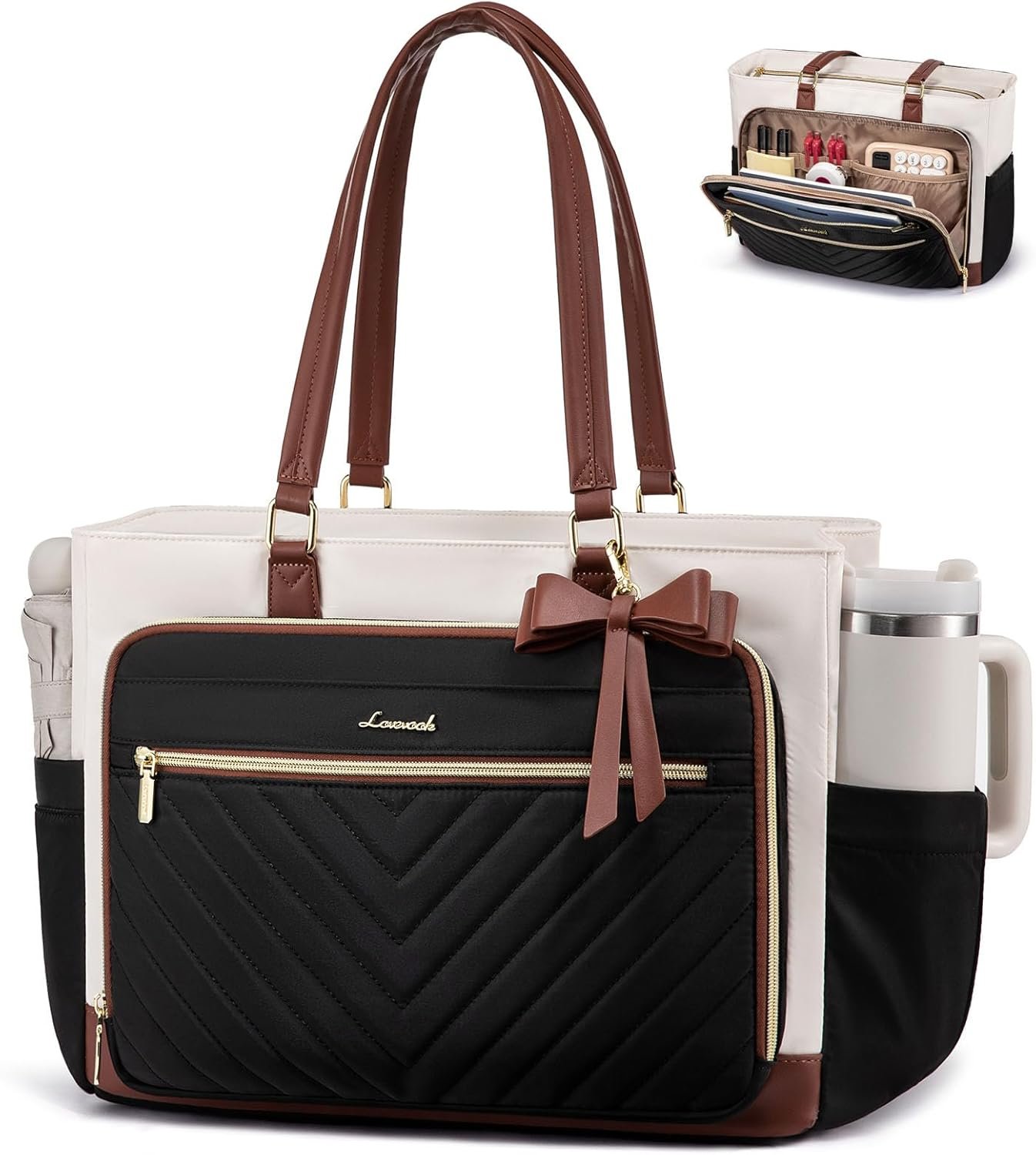 LOVEVOOK Teacher Tote Bag for Women, Work Laptop Bag Gift with Large Cup Holder, Quilted Nurse Bag Diaper Tote with Multi-Pockets, Large Computer Handbag Purse for Bussiness Travel, Office, College