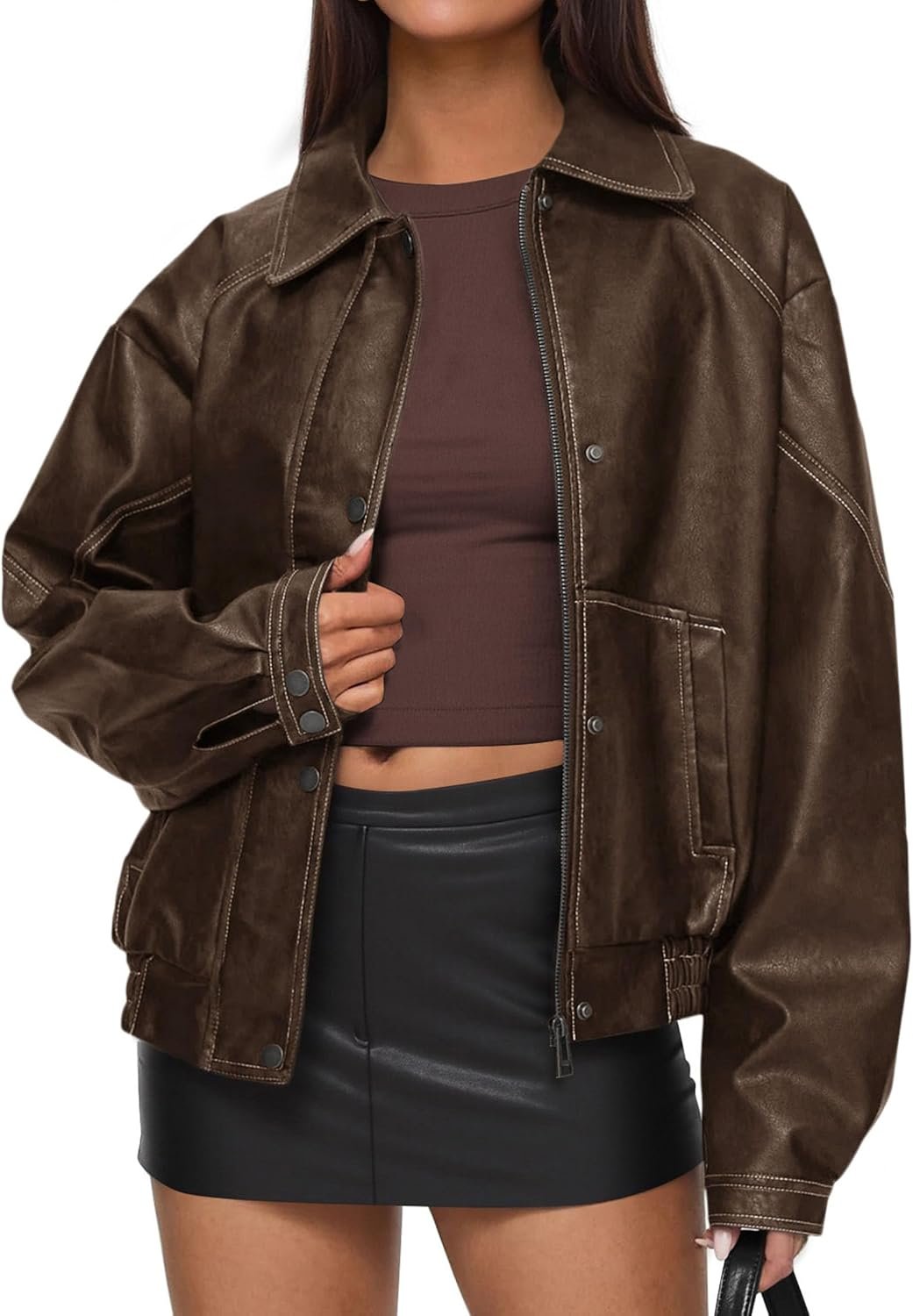 PRETTYGARDEN Faux Leather Jacket Women Bomber Motorcycle Zip Up Jackets Oversized Fall Fashion Outfits 2026 Winter Coats