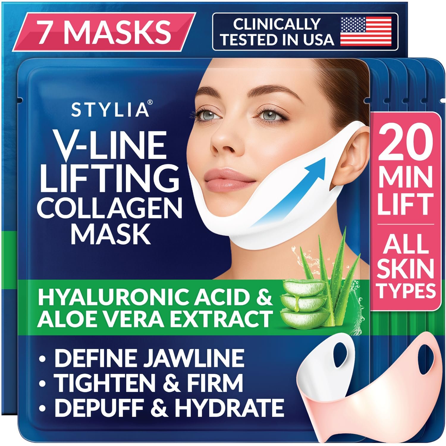 Stylia V Line Lifting Collagen Mask – Lift, Firm & Contour Jawline – Tightening Double Chin Strap with Hyaluronic Acid & Aloe – Neck Tightening and Lifting Mask – Jawline Shaper Face Lift Tape (7PC)