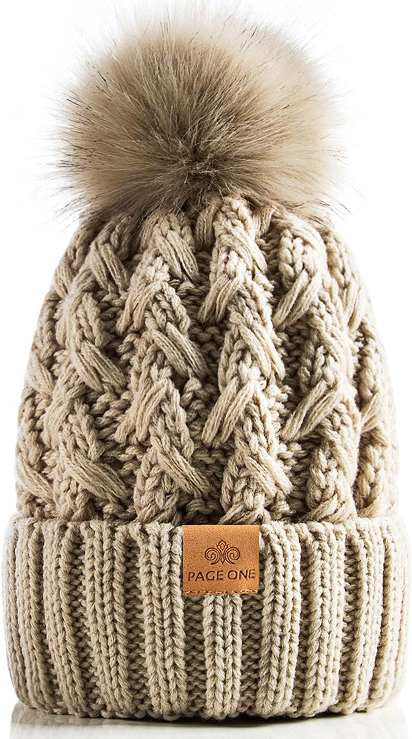 PAGE ONE Womens Winter Ribbed Beanie Crossed Cap Chunky Cable Knit Pompom Soft Warm Hat