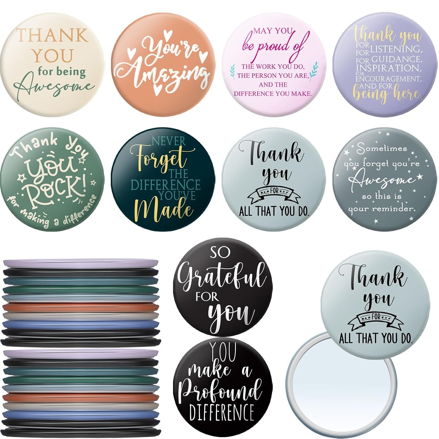 Thyle 30 Pcs Valentines Inspirational Compact Mirror Bulk Employee Appreciation Gift 2.76” Round Portable Pocket Mirror Thank You Gift for Women Office Group Gifts Nurse Volunteer (Classic Color)