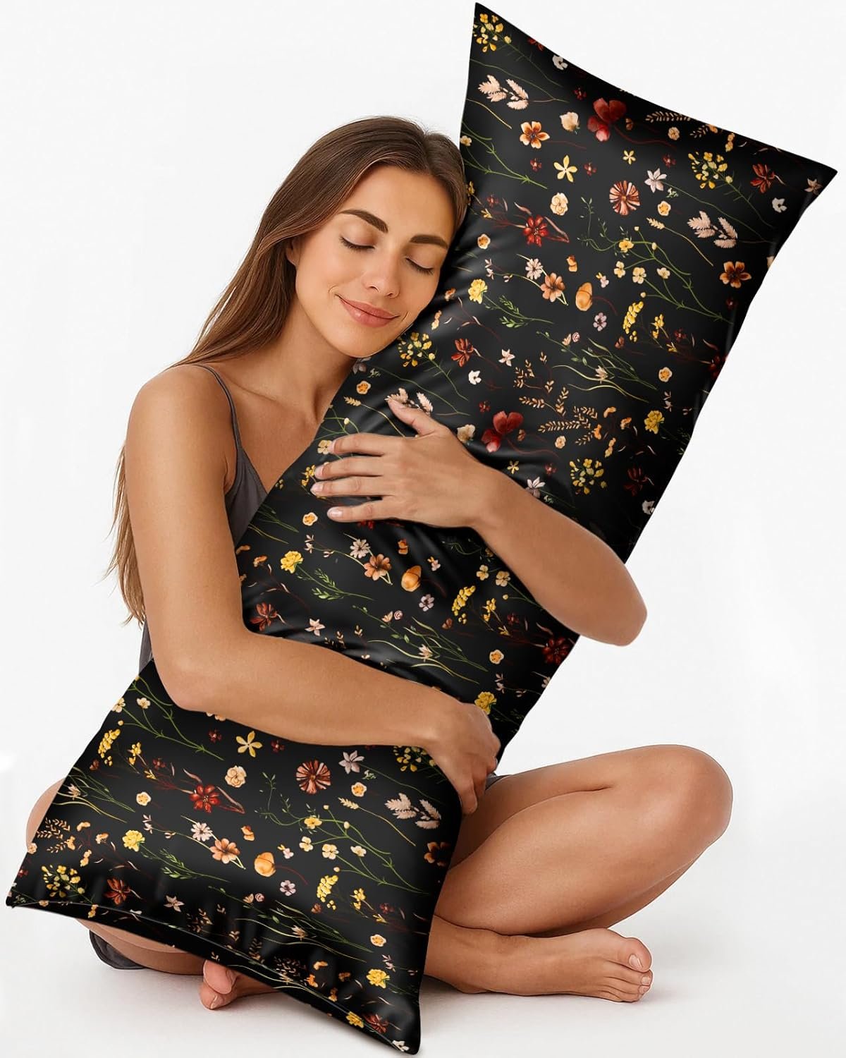 Silk Body Pillow Cover with Zipper – 20×54 Inch Silk Long Pillow Case for Women Ladies Adults Soft Bed Decorative Cute Boho Large Body Pillowcase Sham for Hair and Skin, Black Grow Flower