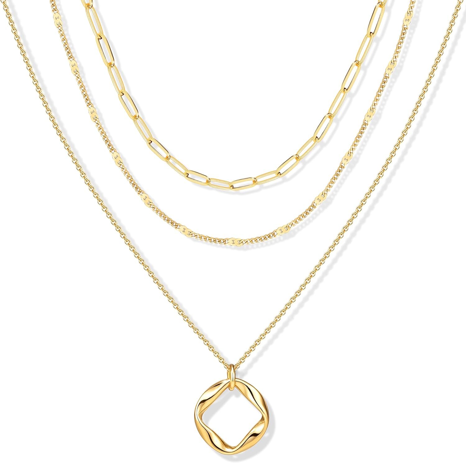 Poxtex Layered Gold Necklaces for Women, Stackable Dainty 14K Gold Silver Plated Trendy Simple Heart Diamond Cross Bow Circle Pendant Paperclip Choker Dot Chain Necklace,Jewelry Set Gifts for Women