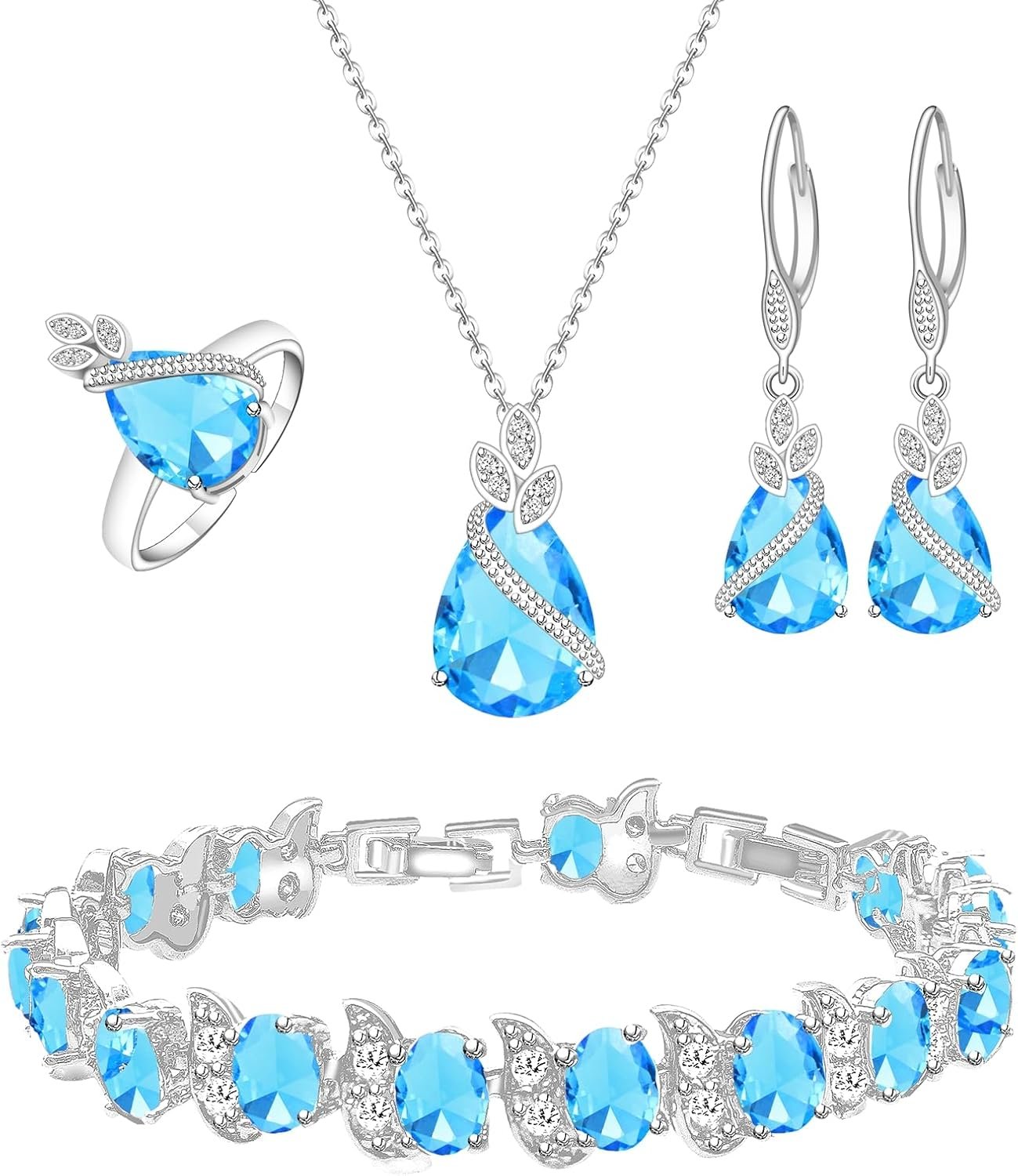 GZWHD Jewelry Set for Women CZ Earrings Necklace Ring Bracelet Set Prom Party Wedding Jewelry Gift for Mother Friend Wife