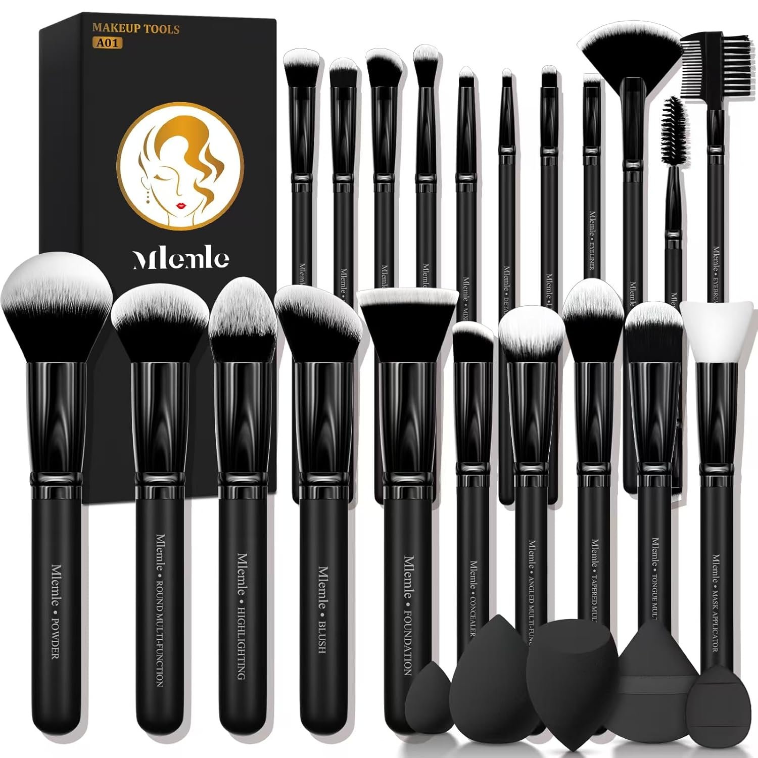 Makeup Brushes Set, Mlemle Professional 26 Pcs Makeup Kit, Include Powder Foundation Concealers Blush Eye shadows Eyebrow 21 Pcs Makeup Brushes and 2 Powder Puff, 3 Makeup Sponge(A01-Black)
