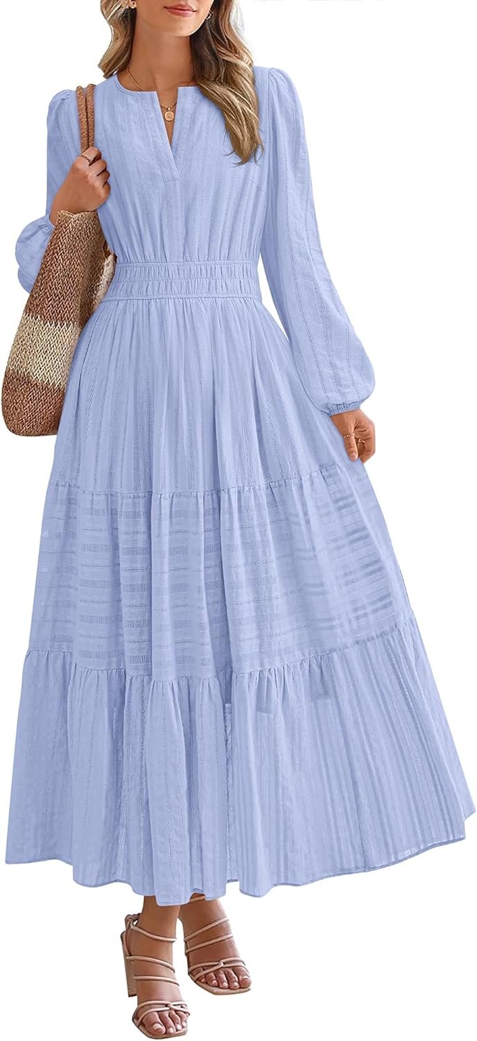 BTFBM Fall Dresses for Women 2026 Casual Long Sleeve V Neck Elastic Waist Lightweight Maxi Wedding Guest Dress Pockets