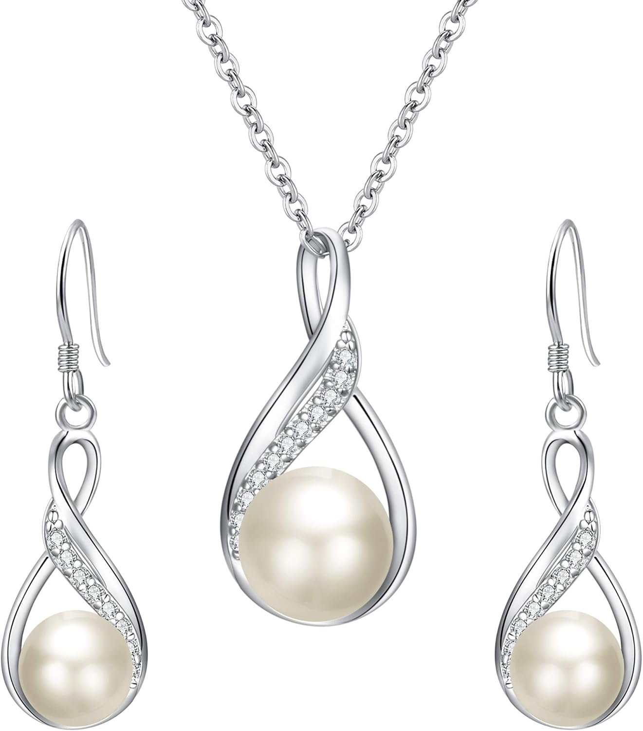 EleQueen 925 Sterling Silver CZ Freshwater Cultured Pearls Bridal Pendant Necklace Earrings Wedding Jewelry Sets, Valentine’s Day/Mother’s Day/Christmas Gift