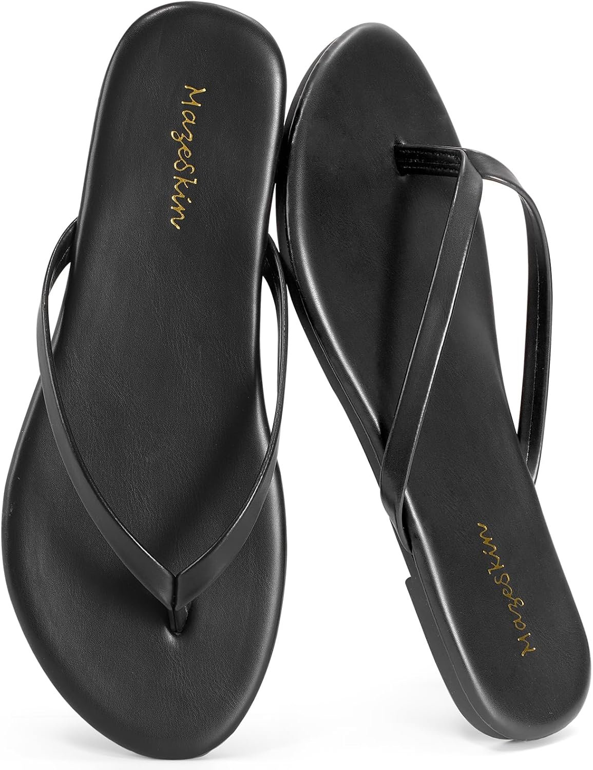 mazeskin Women’s Memory Foam Comfortable Flat Thong Sandals Dressy Summer Beach Leather Slide Flip Flops