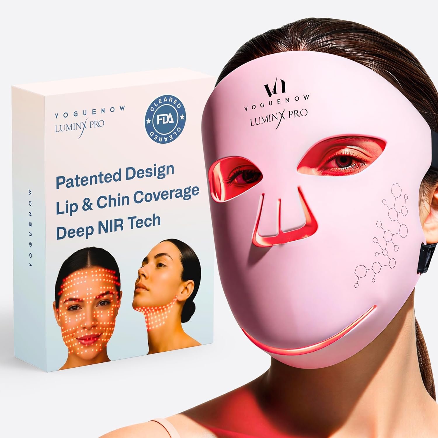 VogueNow LED Light Therapy Mask | Patented Red Light Therapy for Face with Chin & Lip Coverage | FDA-Cleared Near Infrared Mask for Wrinkles & Acne | Valentine Gifts for Women, Wife, Girlfriend