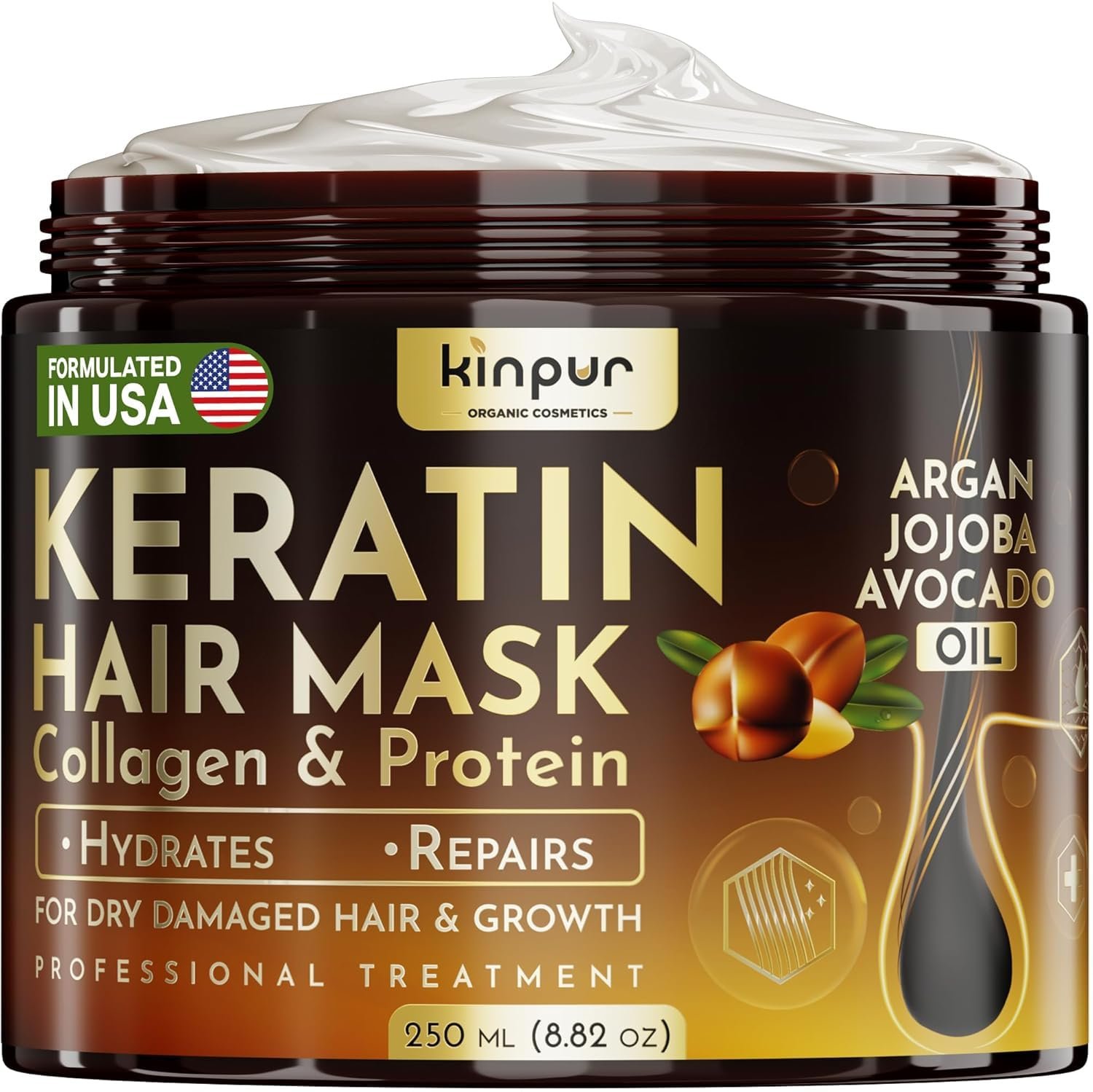 Keratin Hair Mask for Dry, Damaged or Long Hair – Deep Conditioner Masque with Protein, Coconut, Jojoba & Avocado Oil – Collagen Treatment for Hair Growth & Hydration, Split Ends Repair, Color-Safe