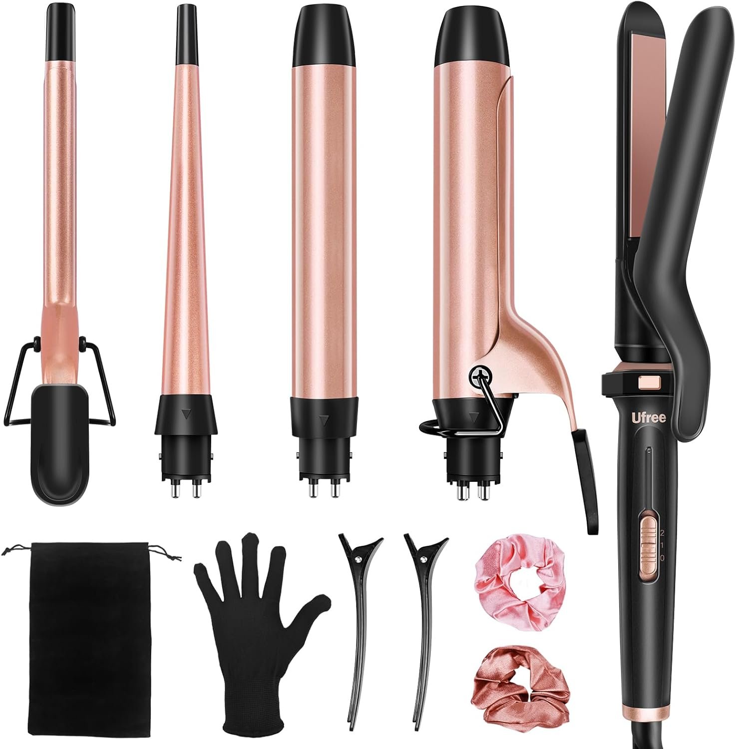 Ufree 5 in 1 Curling Iron with Interchangeable Ceramic Barrels (0.35″-1.25″), Curling Wand Set with Flat Iron Hair Straightener, Instant Heat Up, Dual Voltage Hair Curler, Gifts for Women