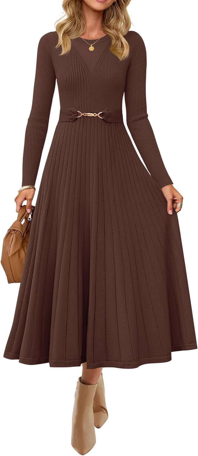 ZESICA Women’s Long Sleeve Midi Sweater Dress 2026 Fall Crewneck Knit A Line Pleated Flowy Long Dresses with Belt