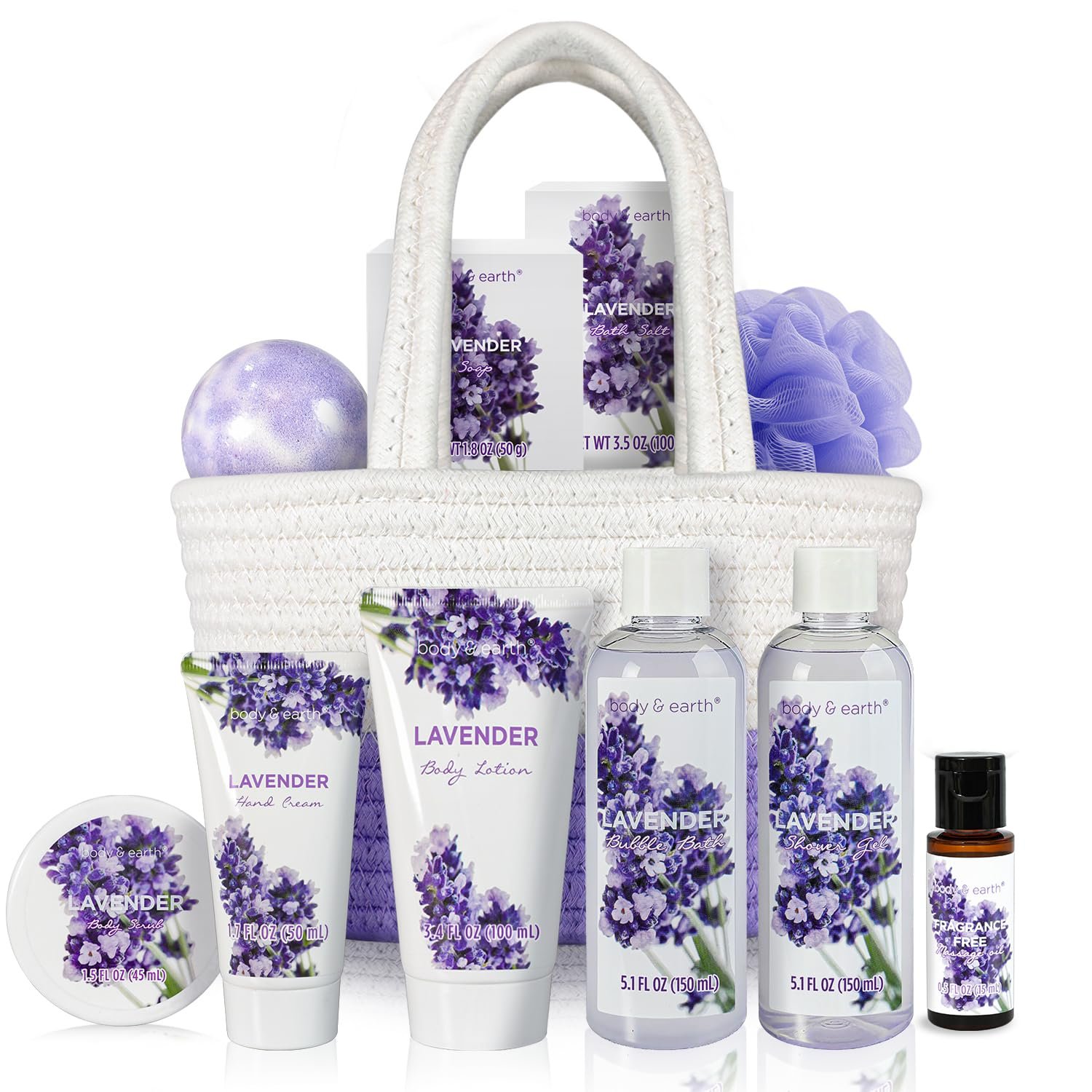 BODY & EARTH Spa Gift Baskets for Women 11pcs Lavender Gift Sets with Bubble Bath, Shower Gel, Body Lotion, Mom Birthday Gifts, Spa Kit, Purple Gift, Valentines Day Gifts for Her