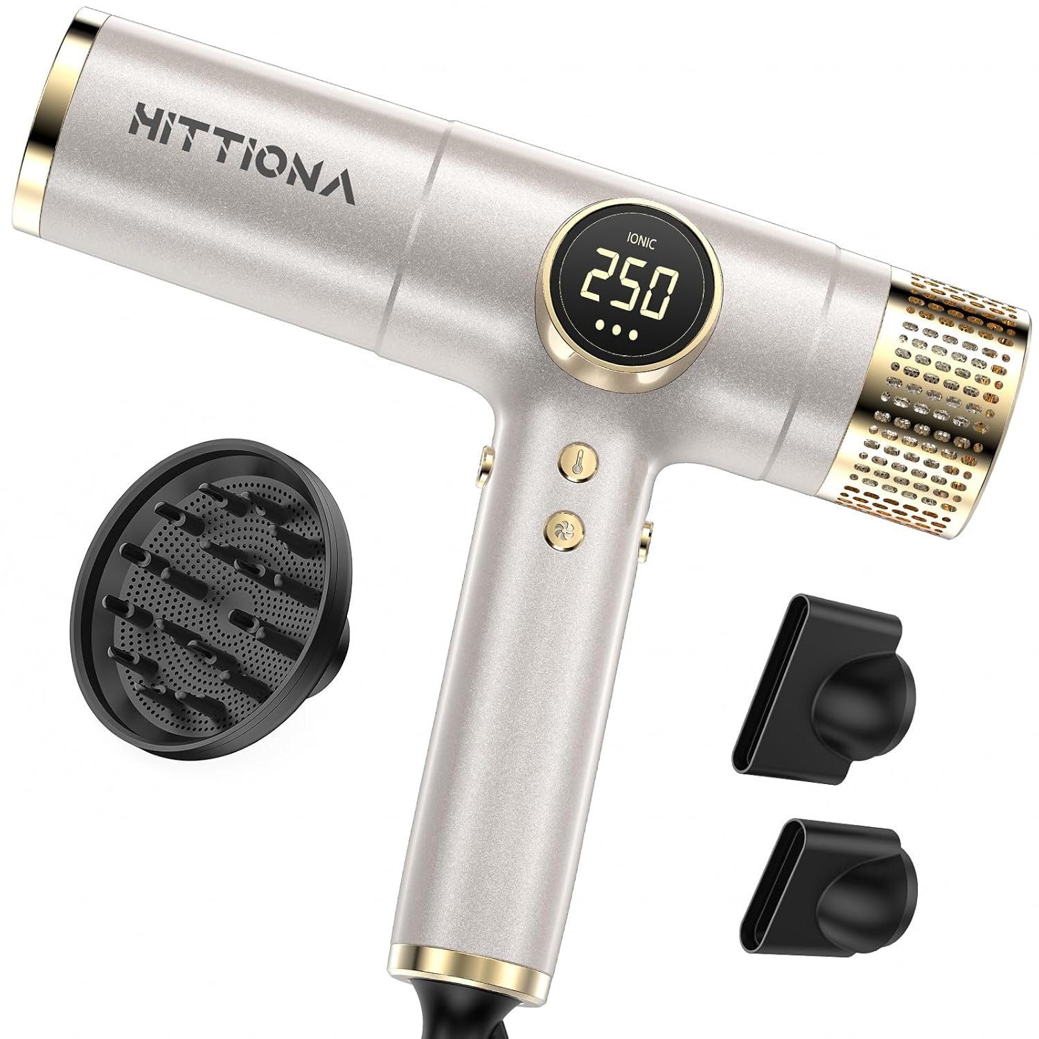 HITTIONA Dual Voltage Travel Hair Dryer with Magnetic Diffuser – 2000W High-Speed Ionic Hair Dryers Gift for Women, Fast Drying, Low Noise, Lightweight, No Heat Damage, European Travel 110V-240V, Gold