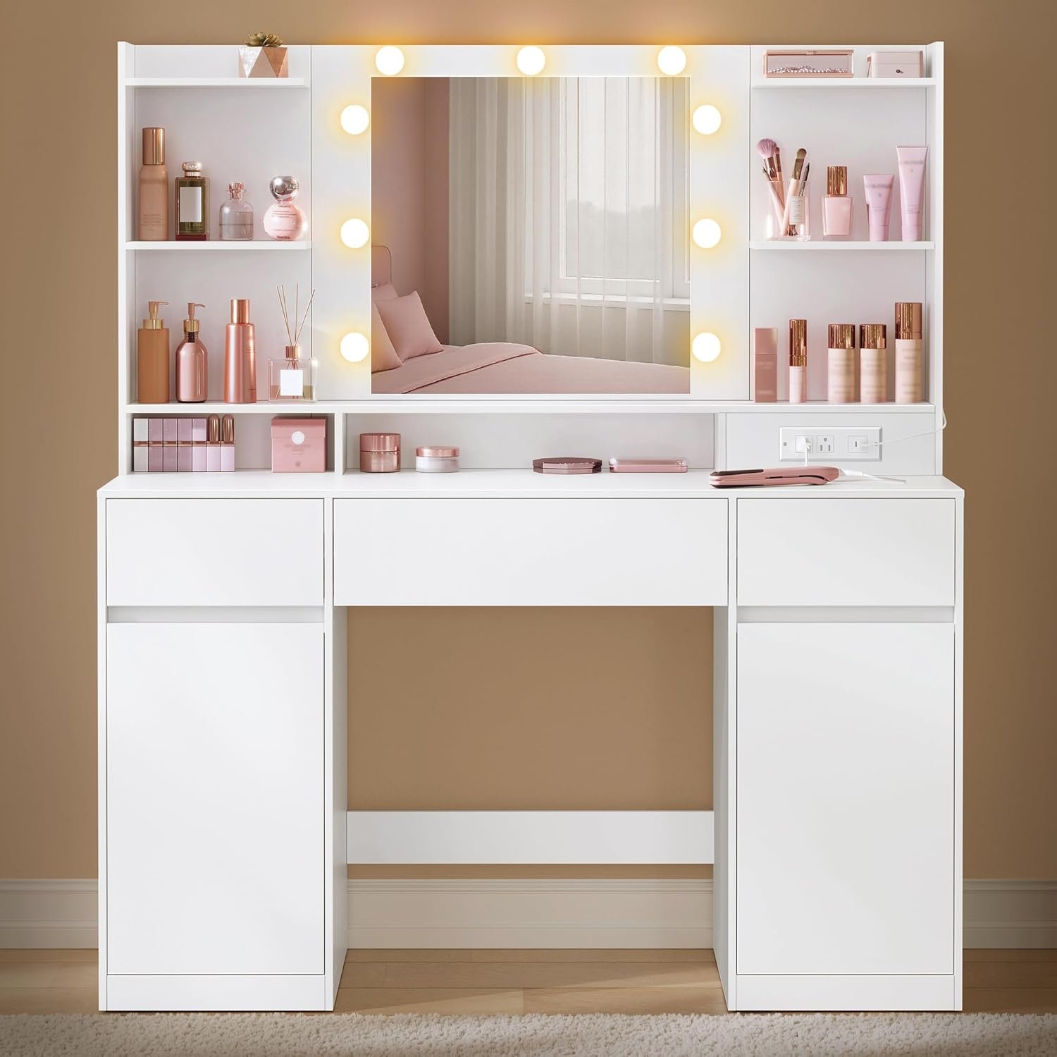 VASAGLE Kailyn Collection – Vanity Desk with Mirror and 9 LED Bulbs, Vanity Makeup Table with Power Outlets, Dressing Table with 2 Cabinets, for Bedroom, Cloud White URDT142WB01S