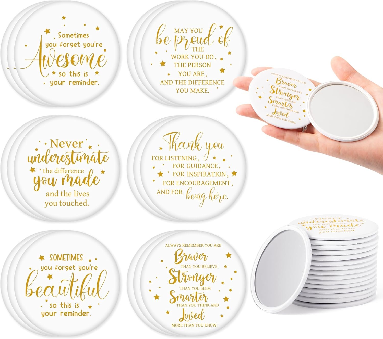 Y1tvei Inspirational Compact Mirror Bulk – 36Pcs White Gold Mini Portable Round Pocket Purse Makeup Mirrors, Sometimes You Forget You’re Awesome Gift for Women Lover Coworker Friends Party Favors