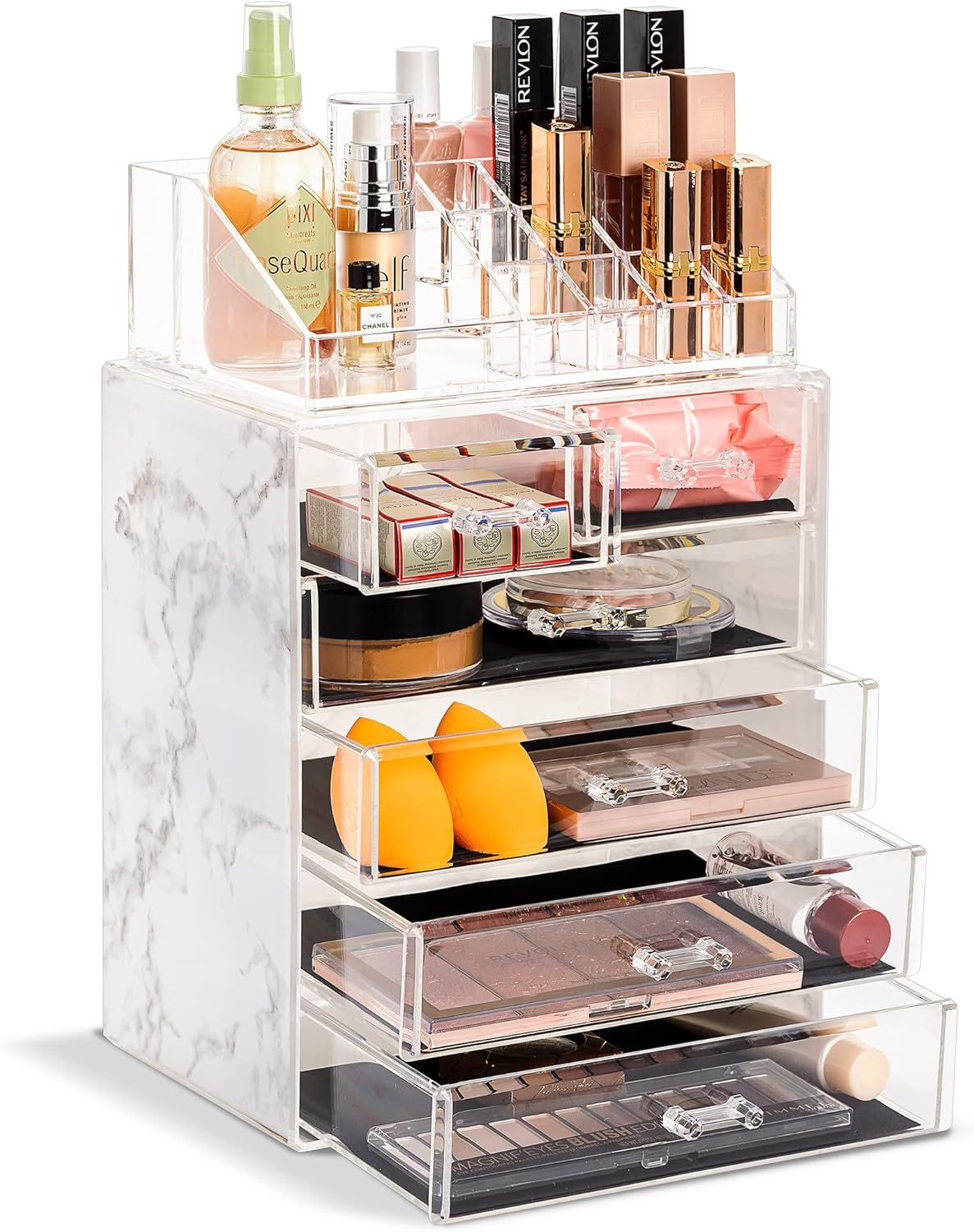 Sorbus Acrylic Makeup Organizer Set, 6-Drawer Vanity & Countertop Cosmetic Storage with Small & Wide Compartments, Marble Print Makeup Storage for Brushes, Jewelry – Holiday Gift for Women & Teens
