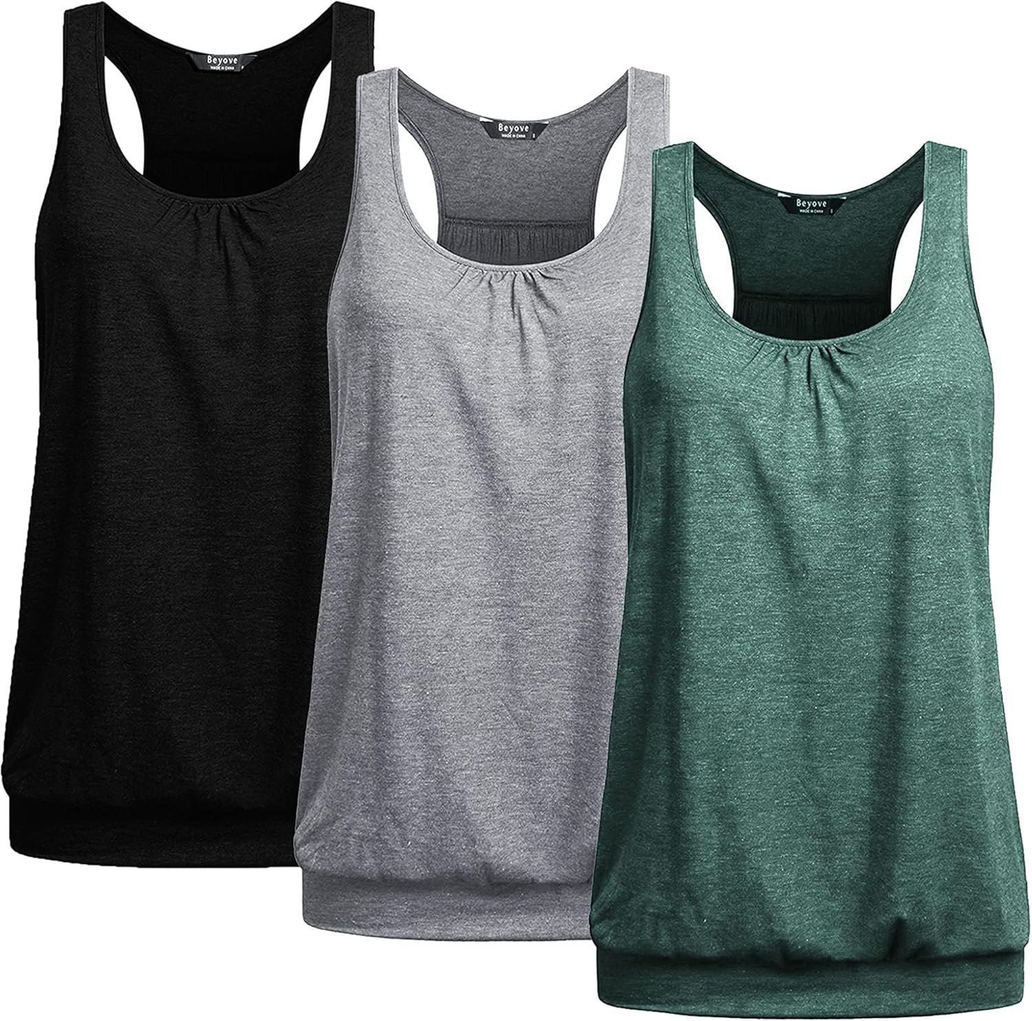 Beyove 3 Pack Banded Bottom Workout Tops for Women Tummy Flattering Yoga Tank Tops Plus Size Racerback Athletic Gym Shirts