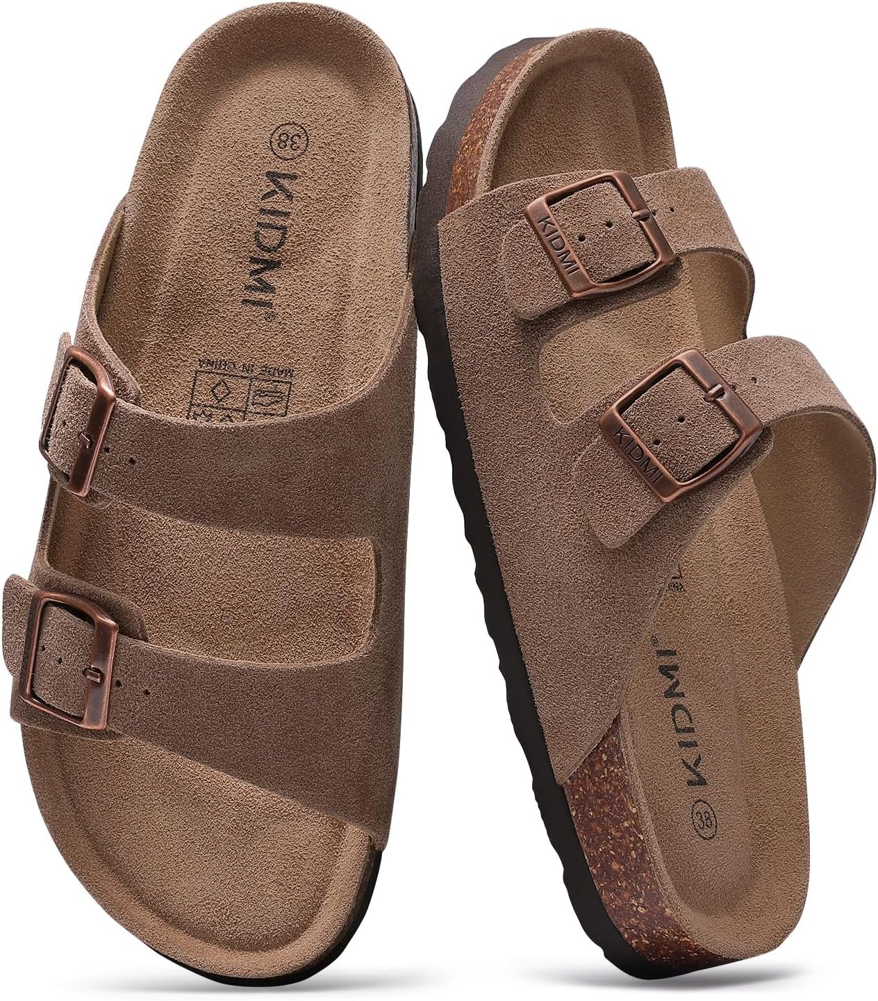 KIDMI Women’s Genuine Suede Sandals with Arch Support, Cork Footbed Summer Adjustable Slide Sandals