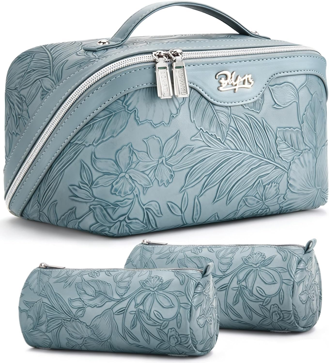 BOYATU Travel Makeup Bags Cosmetic Organizer Bag: 3-Set Large Capacity Make up Bag – PU Leather Toiletry Bags for Women – Wide Open Portable Pouch with Divider & Handle (01-Light Blue)