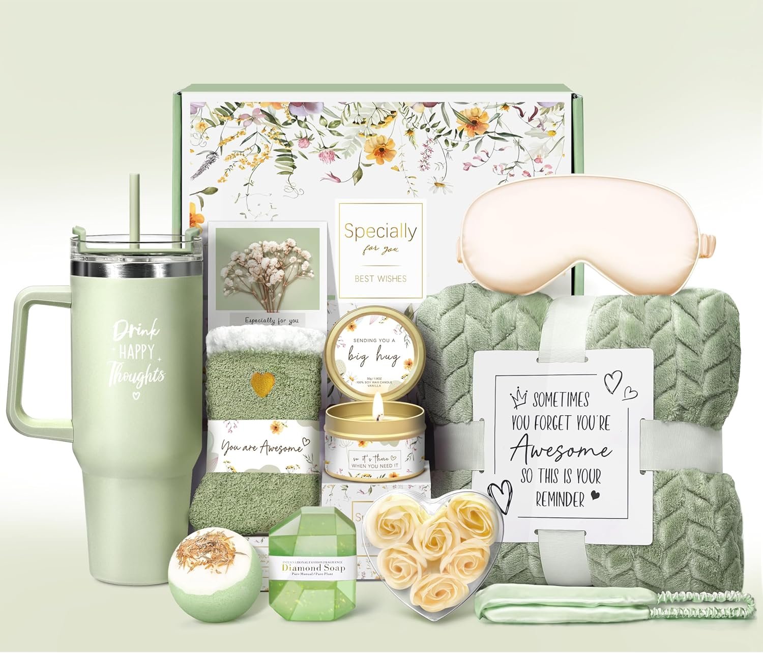 Birthday Gifts for Women Self Care Get Well Soon Gifts, Vanilla Relaxing Spa Gift Basket – Happy Birthday Set w/ Luxury Flannel Blanket & 40 oz Tumbler, Unique Christmas Gift for Mom Her Wife Sister