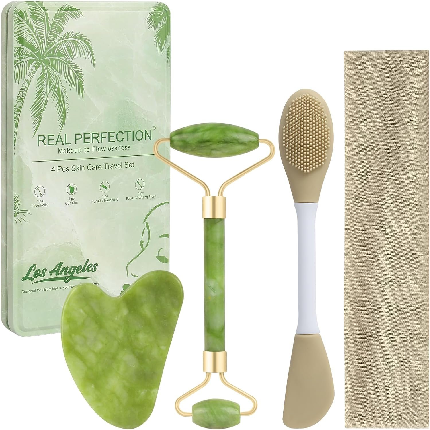 Real Perfection Gua Sha Facial Tools Face Roller for Wrinkles Jade Roller and Gua Sha Set, Scrubber Pore Brush Headband Skin Care Tools for Travel Skincare Routine Massaging Reducing Puffiness – Green