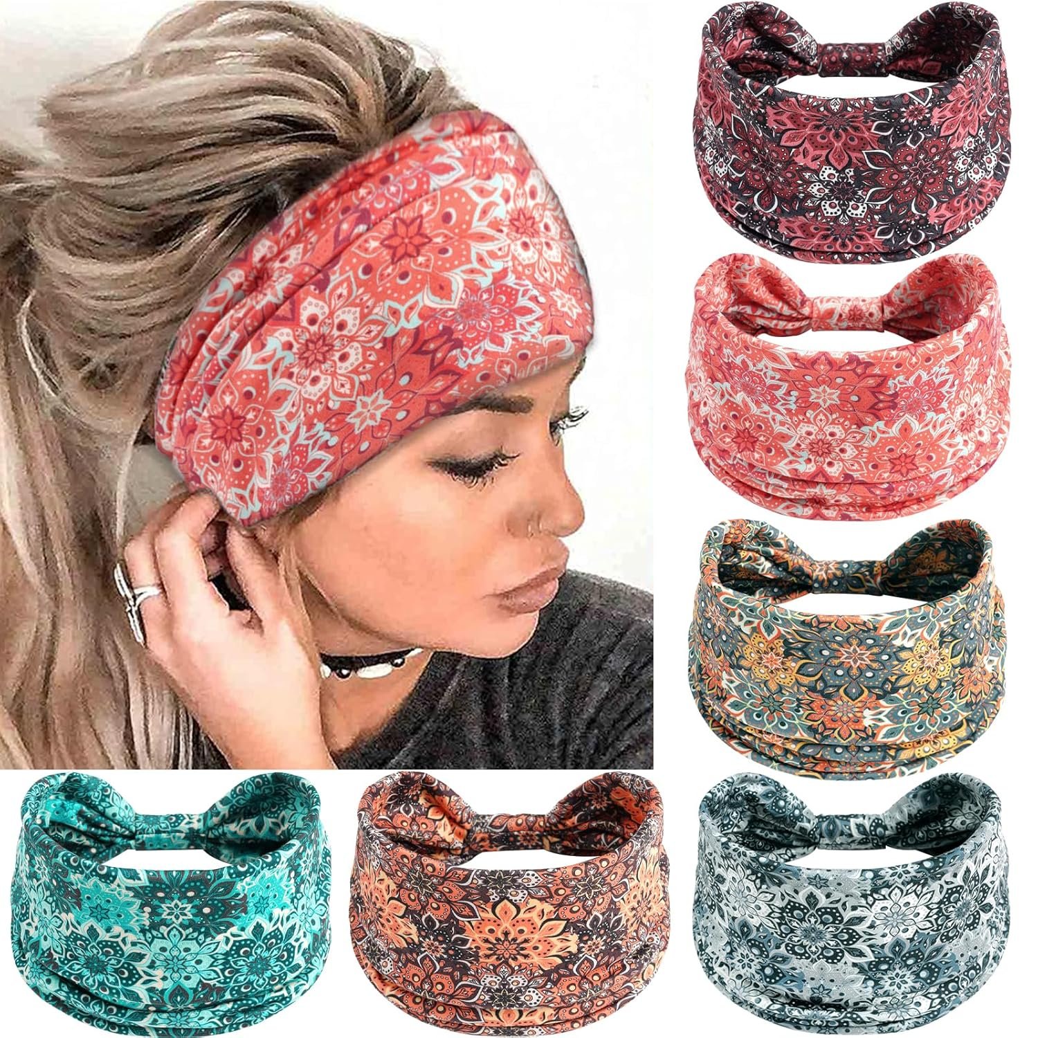 6 Pack Boho Flower Print Headbands for Women Wide Twist Knotted Head Bands Elastic Non-Slip Hair Bands Vintage Head Wraps Turbans Yoga Workout Hair Accessories