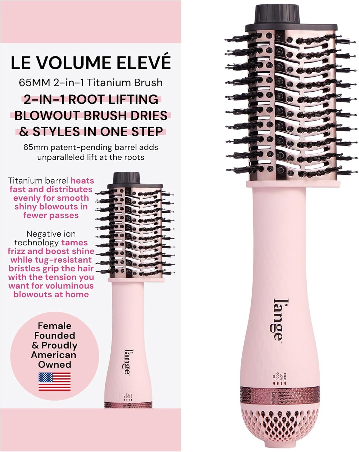 L’ANGE Hair Le Volume Elevé 65MM 2-in-1 Titanium Brush Dryer | Dry and Style | Unique Teardrop Shape Barrel | 3 Heat Settings | 360° Vented Airflow | Ionic Technology for Frizz-Free Styling (Blush)