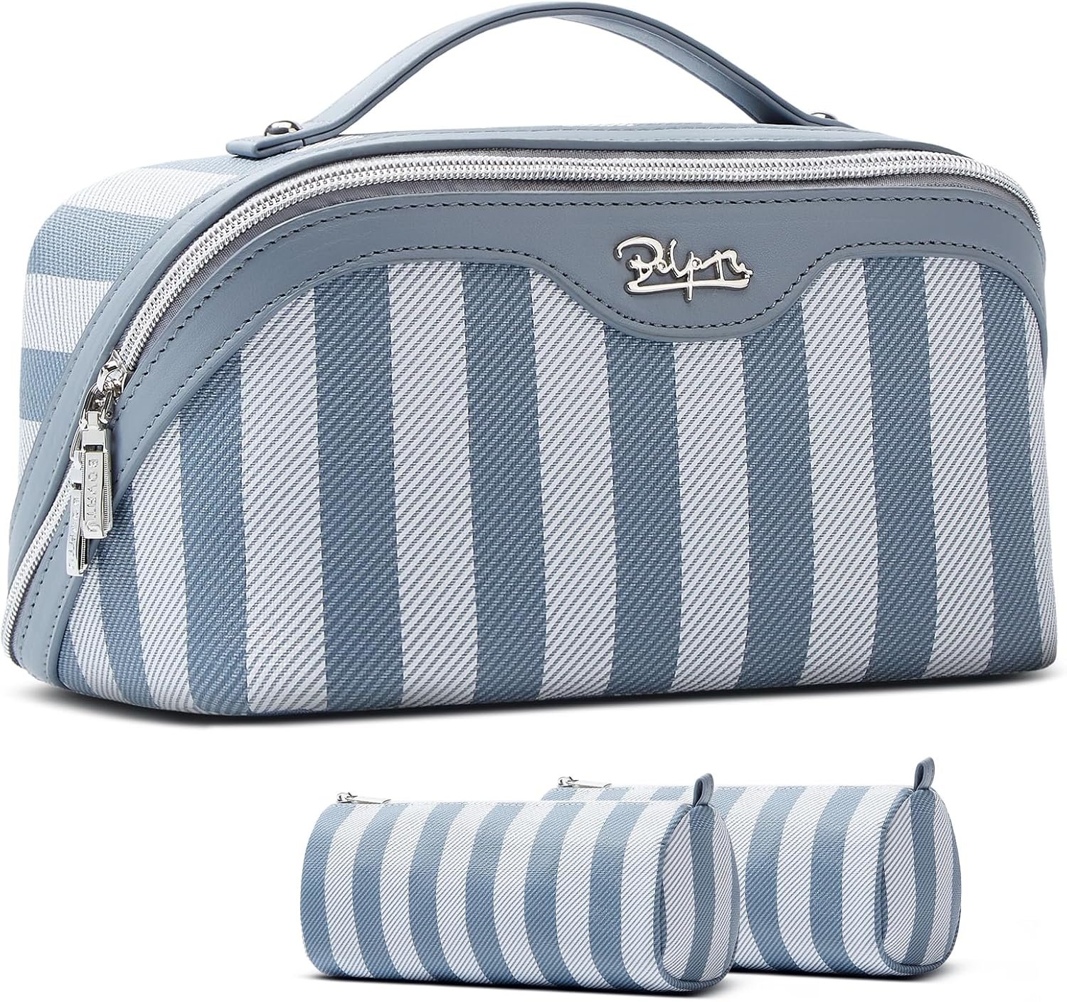 BOYATU Travel Makeup Bag for Women: Large Cosmetic Bag Set of 3 – PU Leather Make up Bag with Compartments – Compact Waterproof Toiletry Bag with Divider & Handle (B-2-Blue)